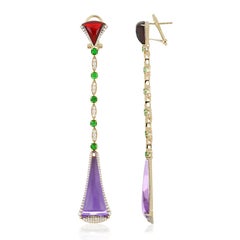 Amethyst, Tsavorite, Garnet & Diamond Earring in 14k Yellow Gold Earring