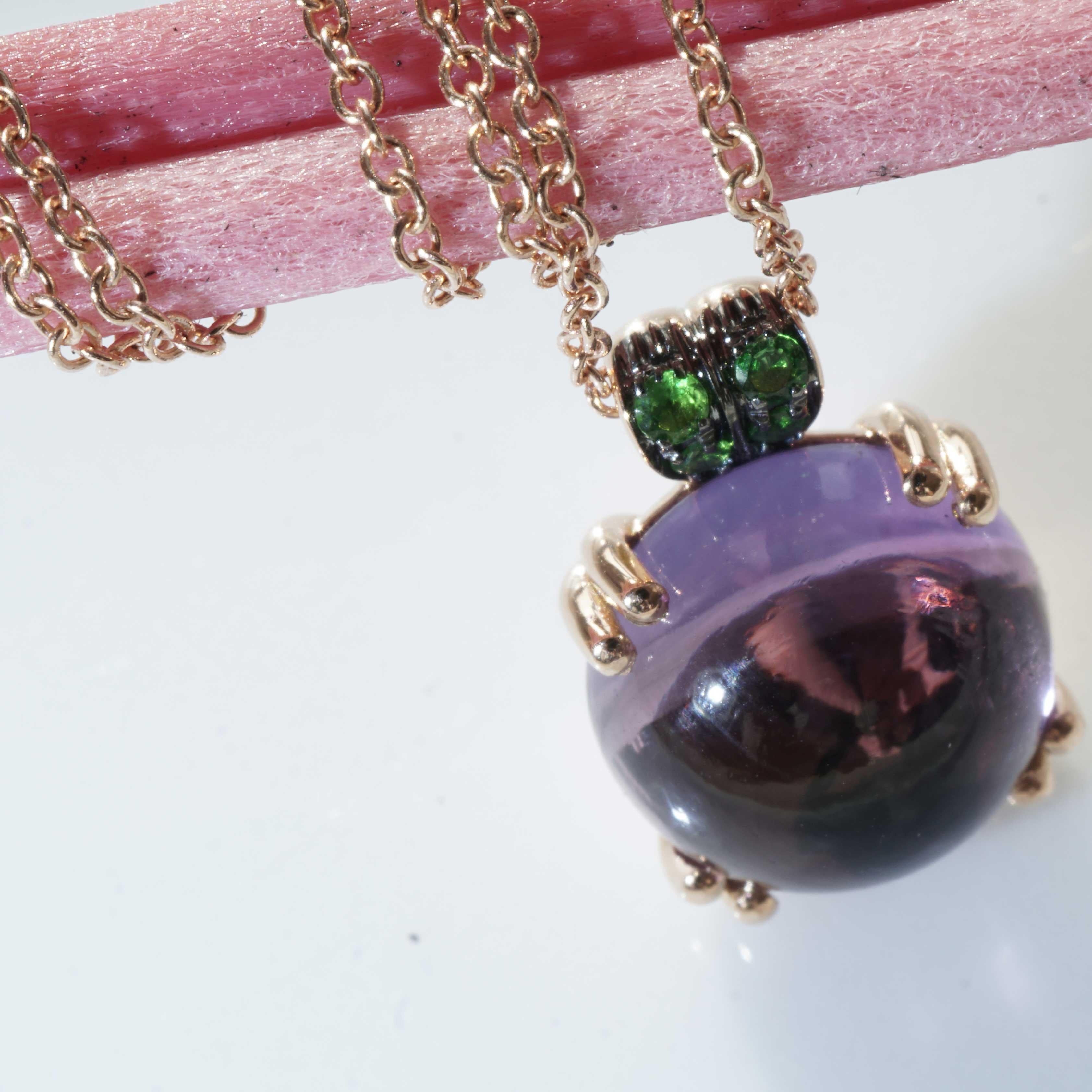 Cabochon Amethyst Tsavorite Necklace with Chain sweet Bubbles made in Italy so unique For Sale