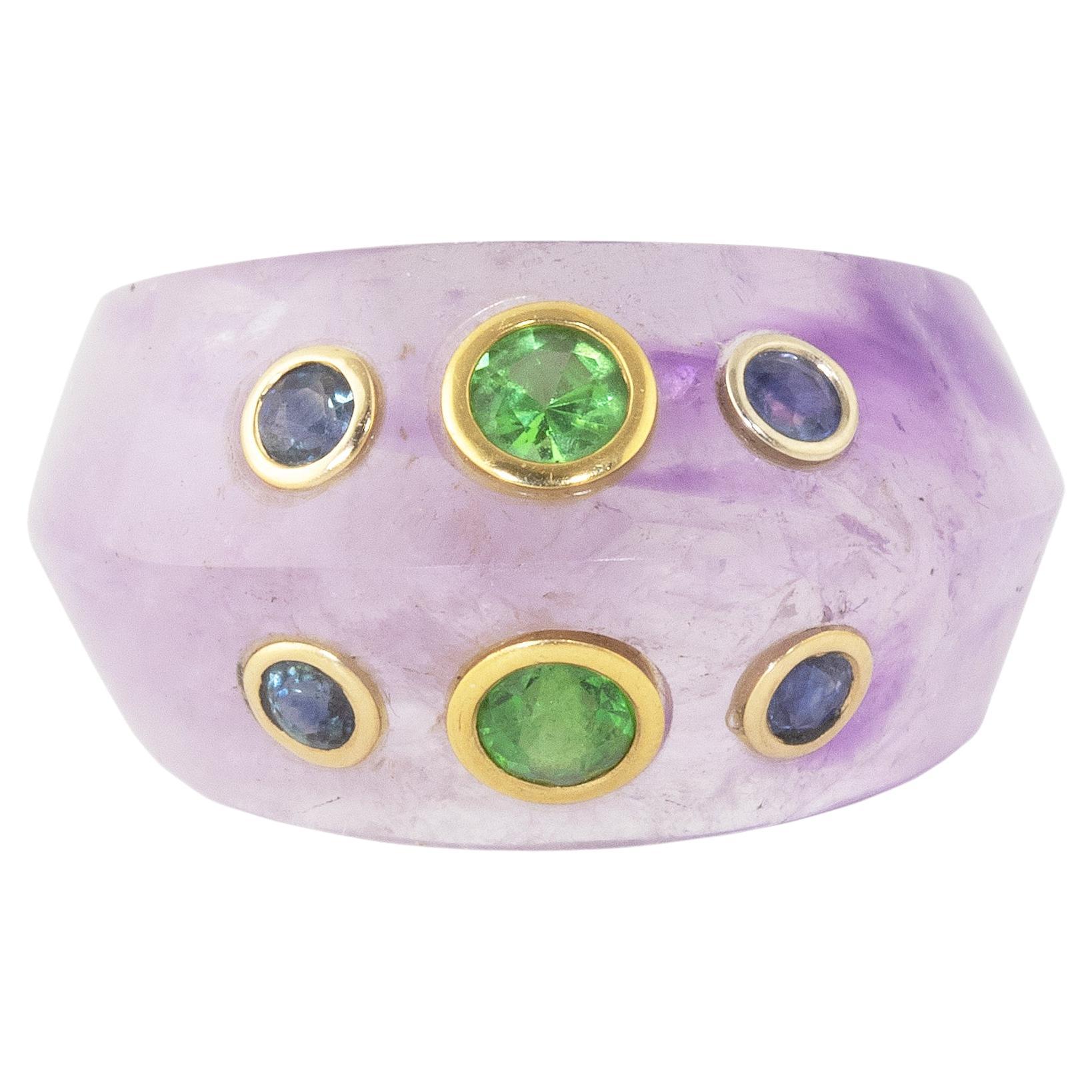 Amethyst Tsavorite Sapphire Carved Ring in 18k Gold For Sale