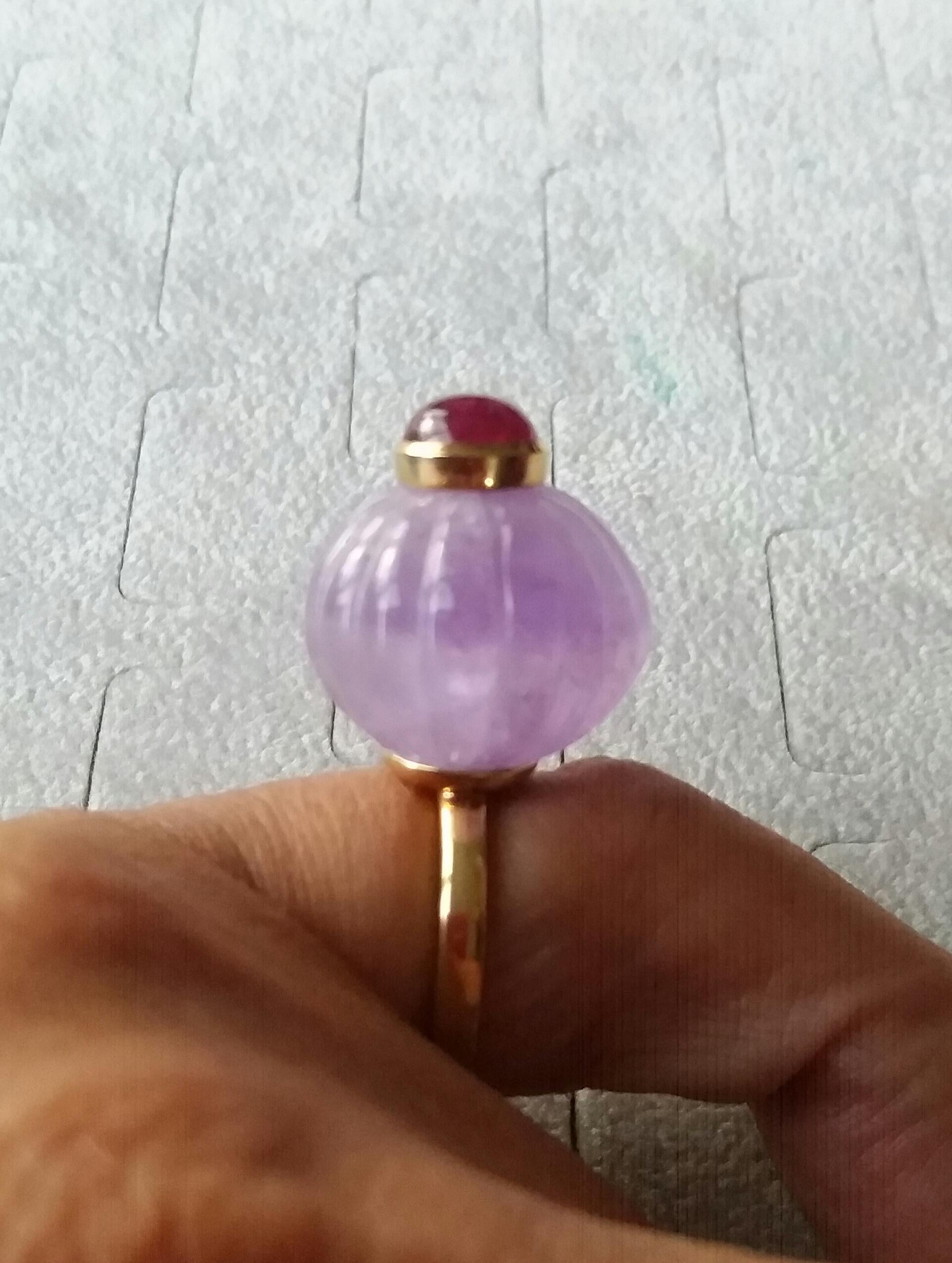 Contemporary Natural Carved Amethyst Ball Ruby Cabochon 14 Karat Yellow Gold Cocktail Ring For Sale