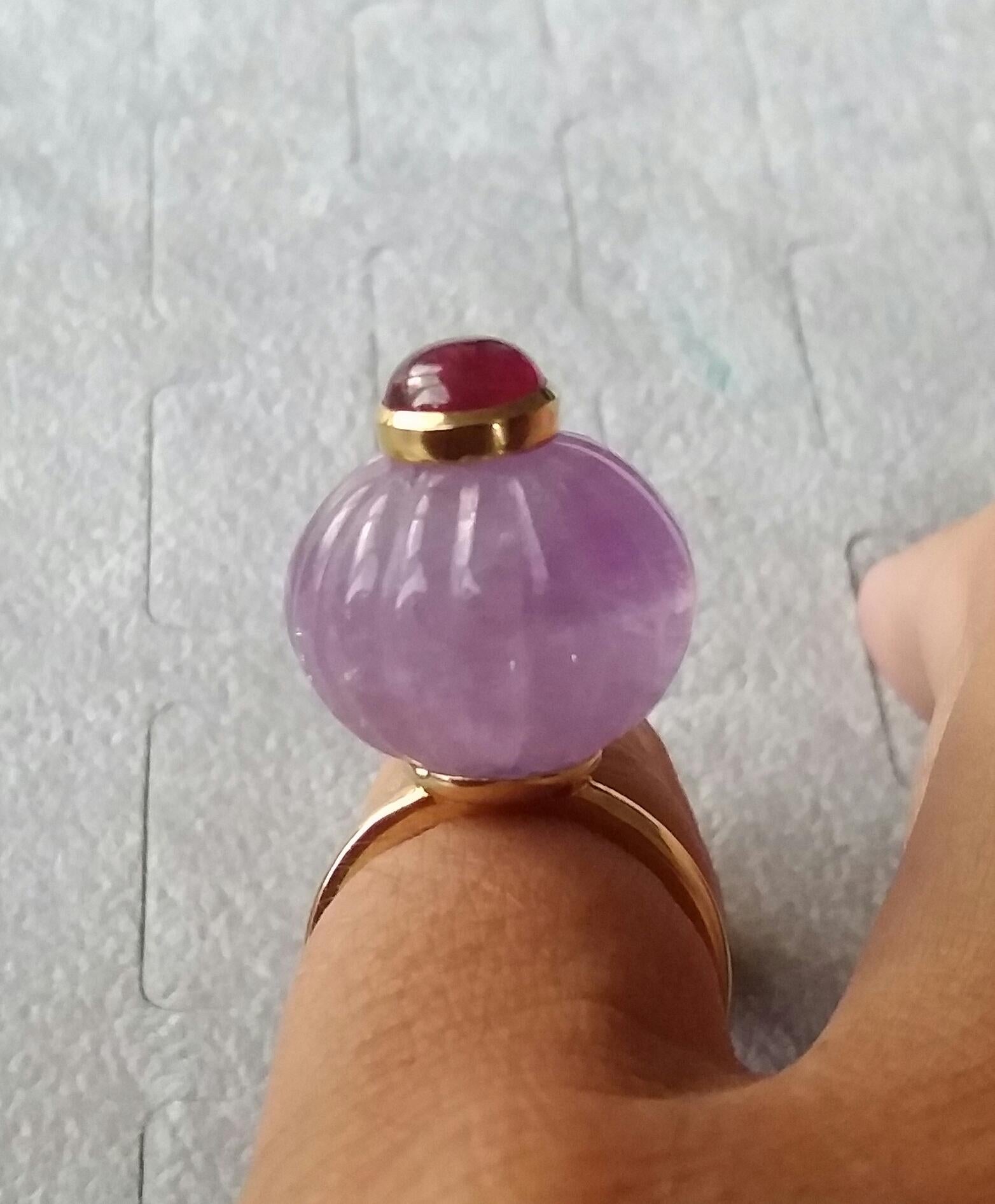 Bead Natural Carved Amethyst Ball Ruby Cabochon 14 Karat Yellow Gold Cocktail Ring For Sale