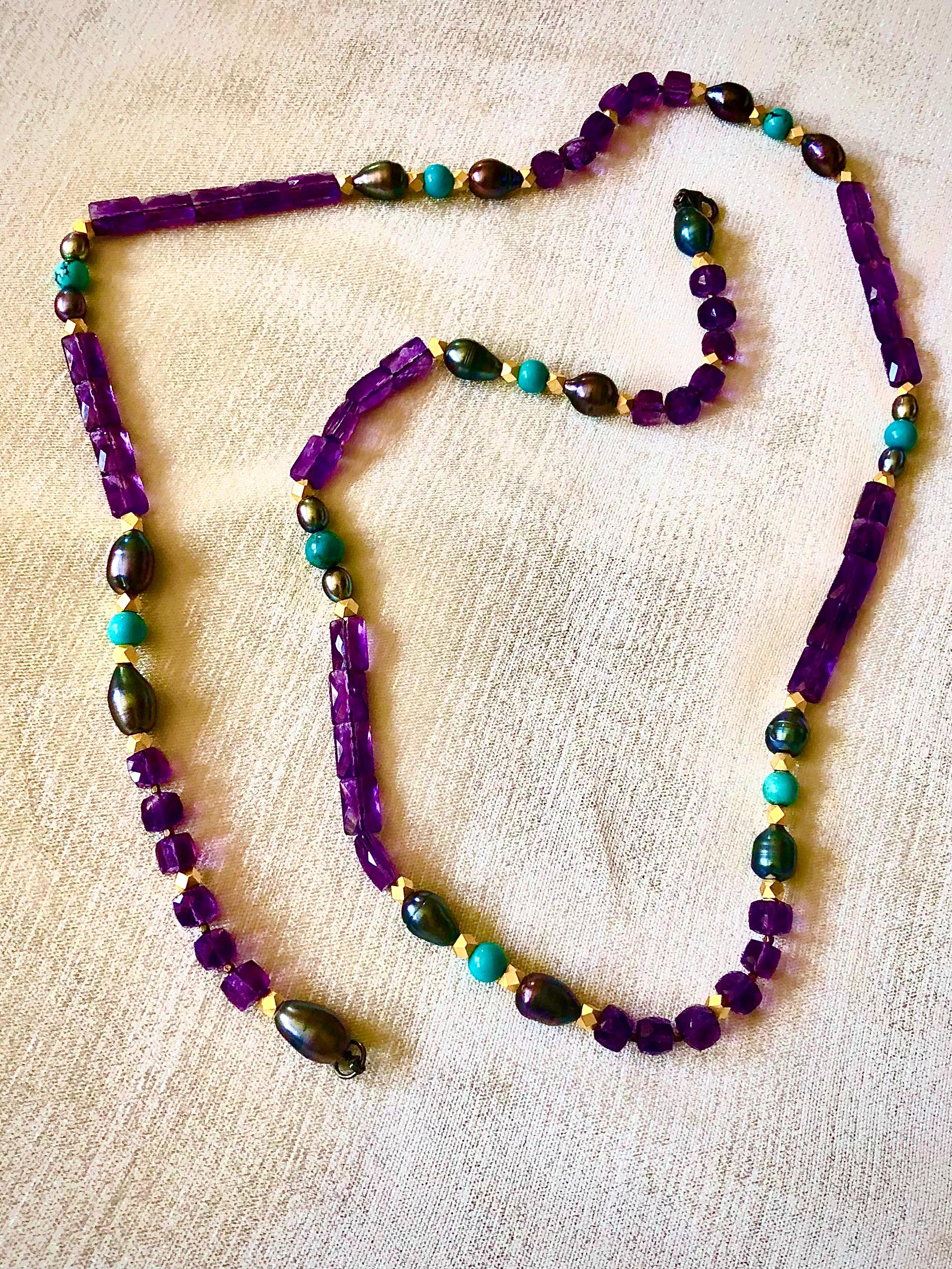 Byzantine Amethyst, turquoise and black pearl necklace For Sale