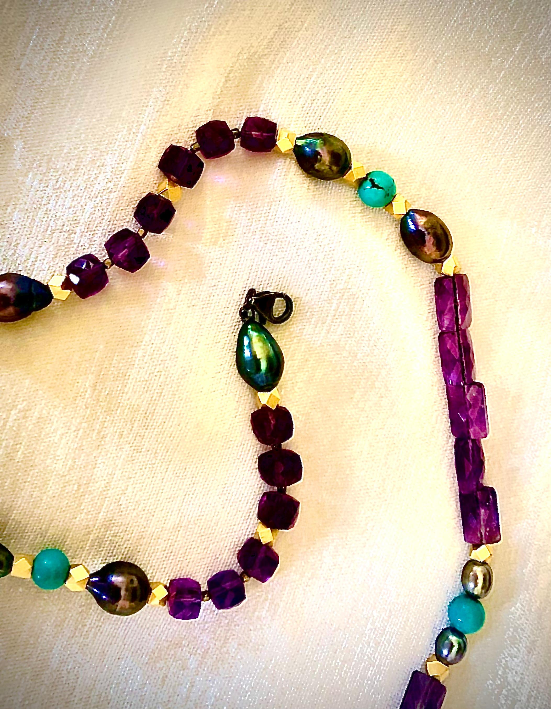 Bead Amethyst, turquoise and black pearl necklace For Sale