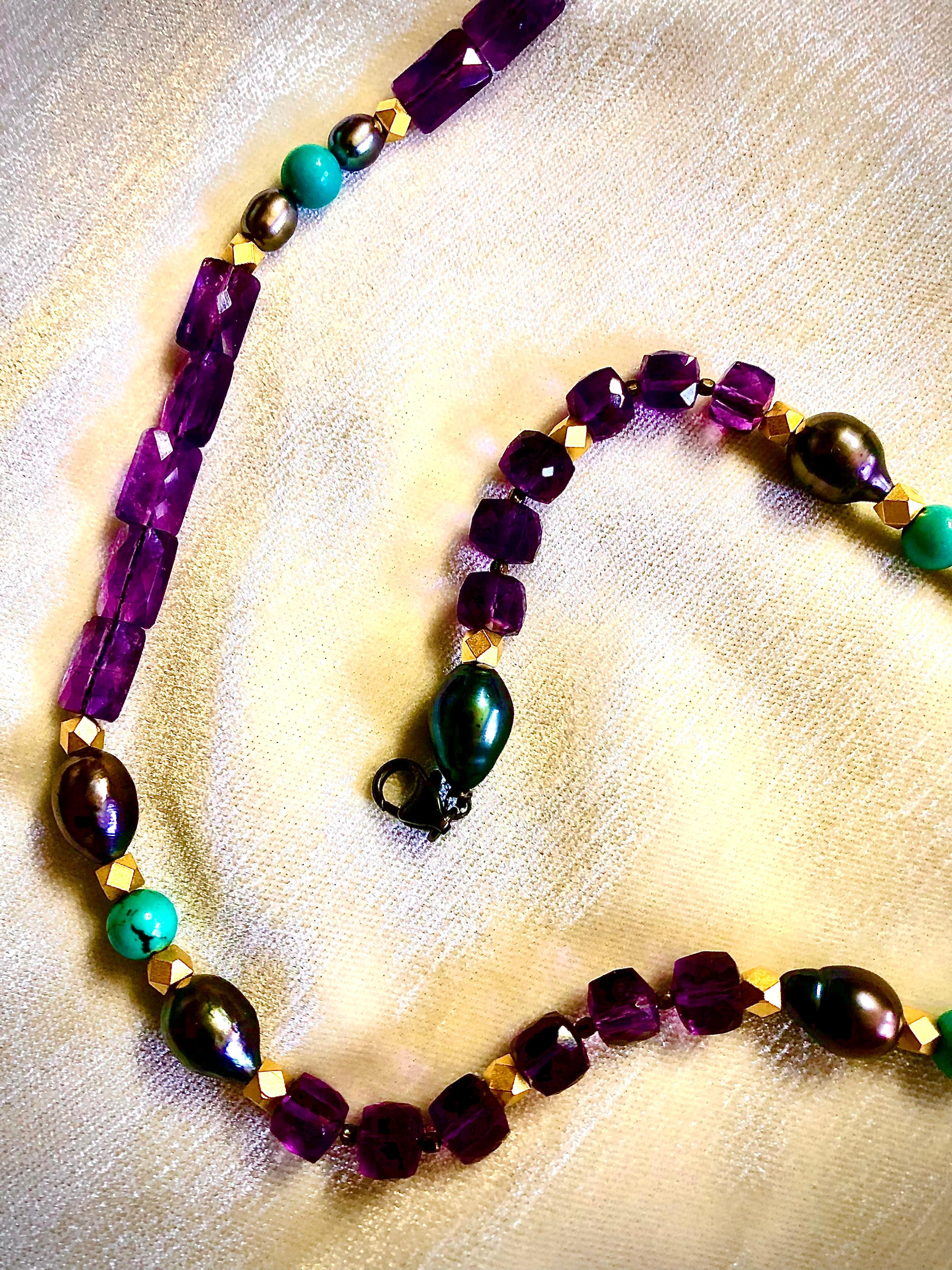 Amethyst, turquoise and black pearl necklace In New Condition For Sale In New Orleans, LA