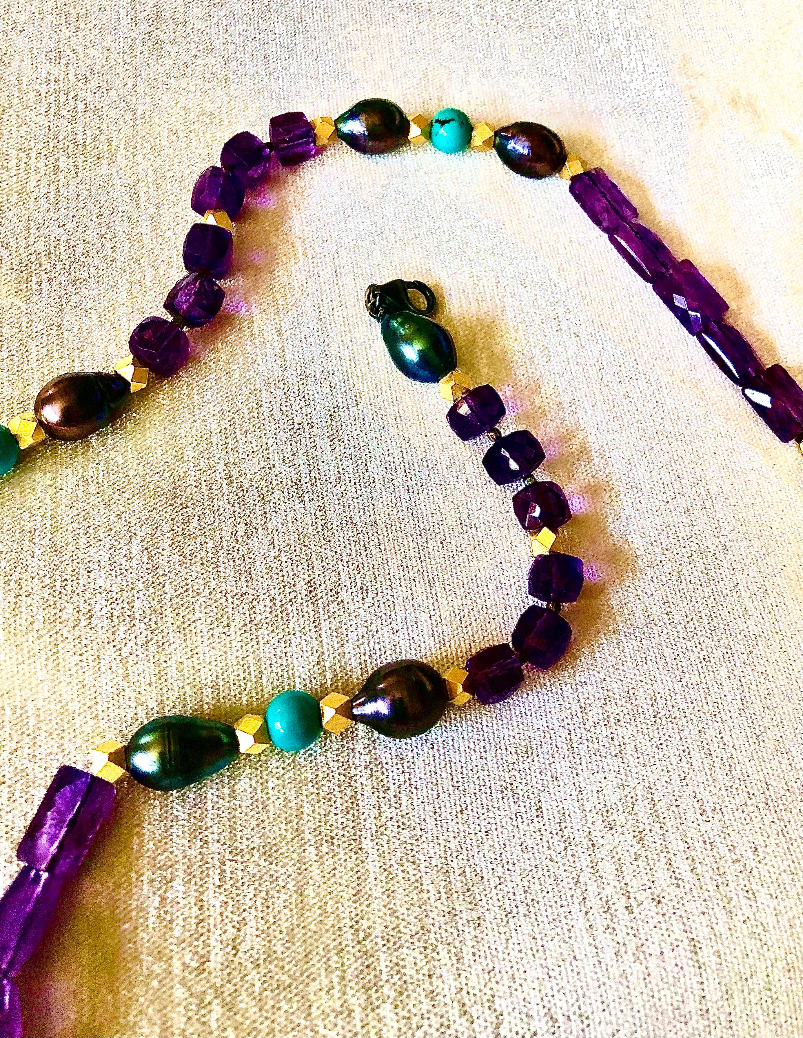 Women's Amethyst, turquoise and black pearl necklace For Sale