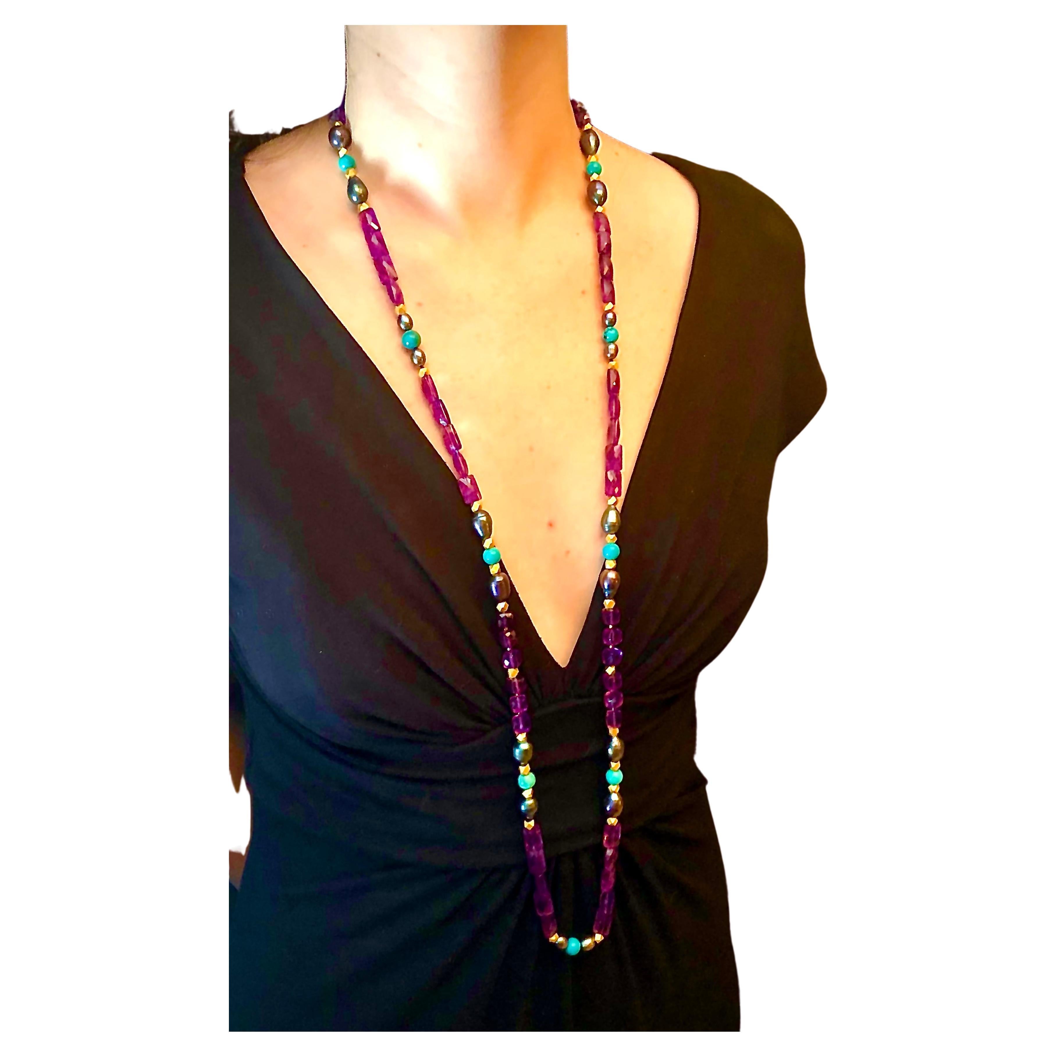 Amethyst, turquoise and black pearl necklace For Sale 1