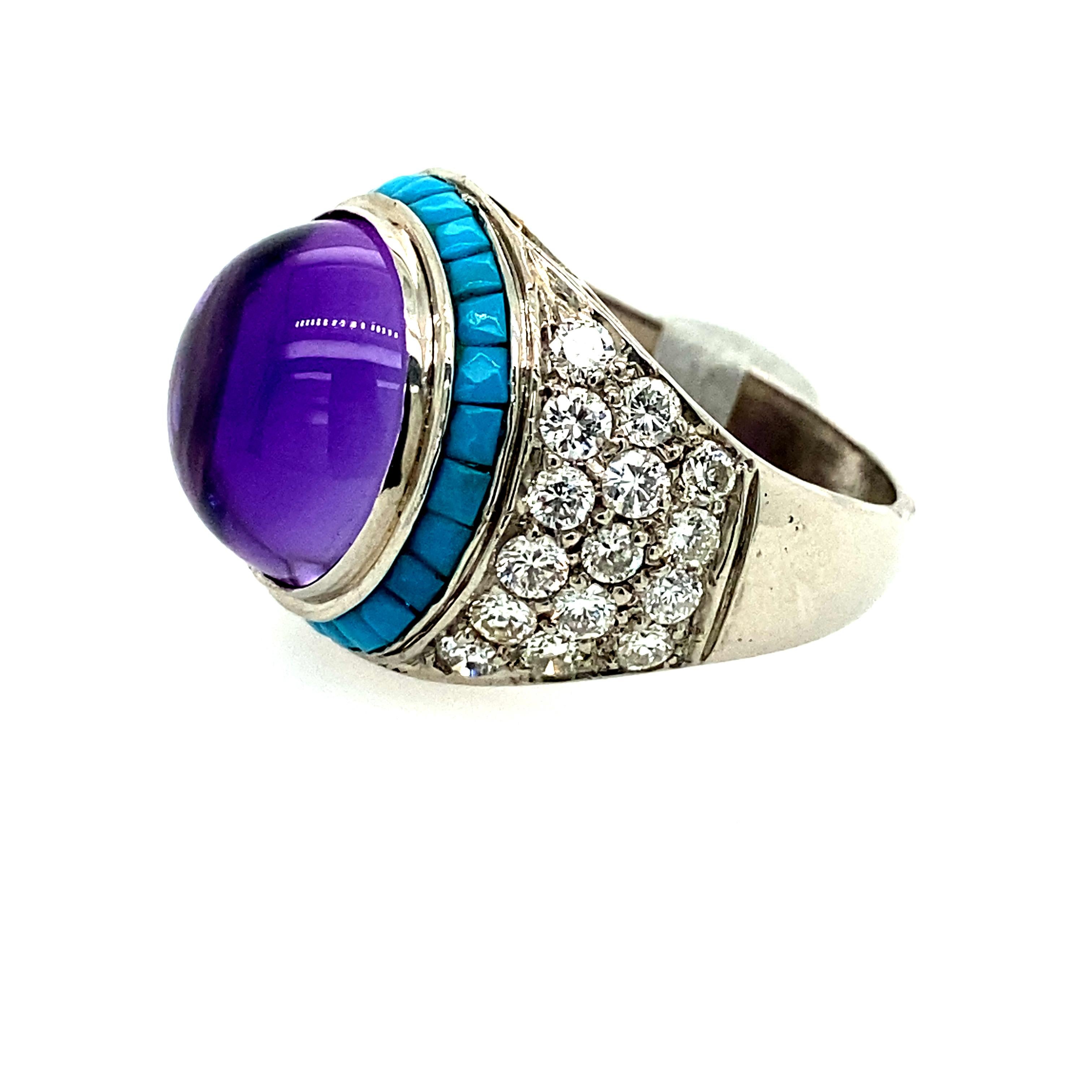 Amethyst, Turquoise and Diamond Ring set in 18k white gold. The ring has approximately 1.60carats of G color VS clarity diamonds. Set in 18K white gold.  Estate jewelry circa. 1970.