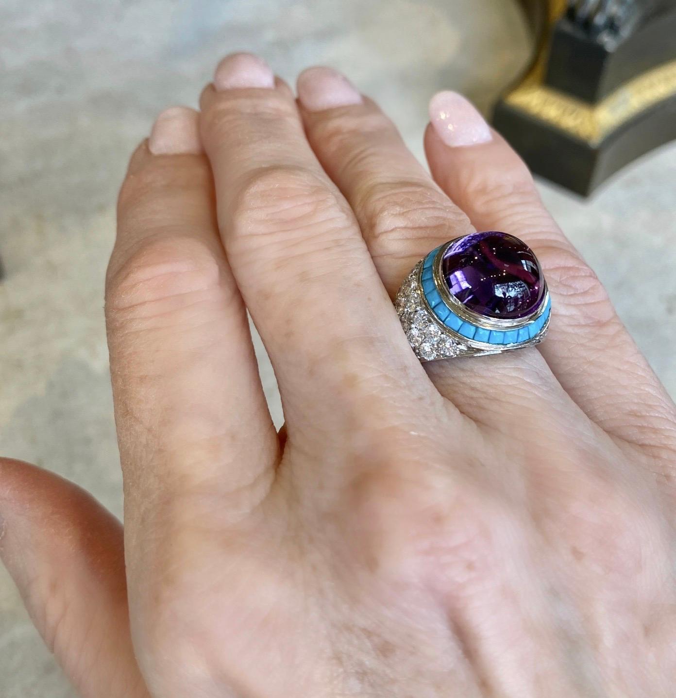 Round Cut Amethyst, Turquoise and Diamond Cocktail Ring