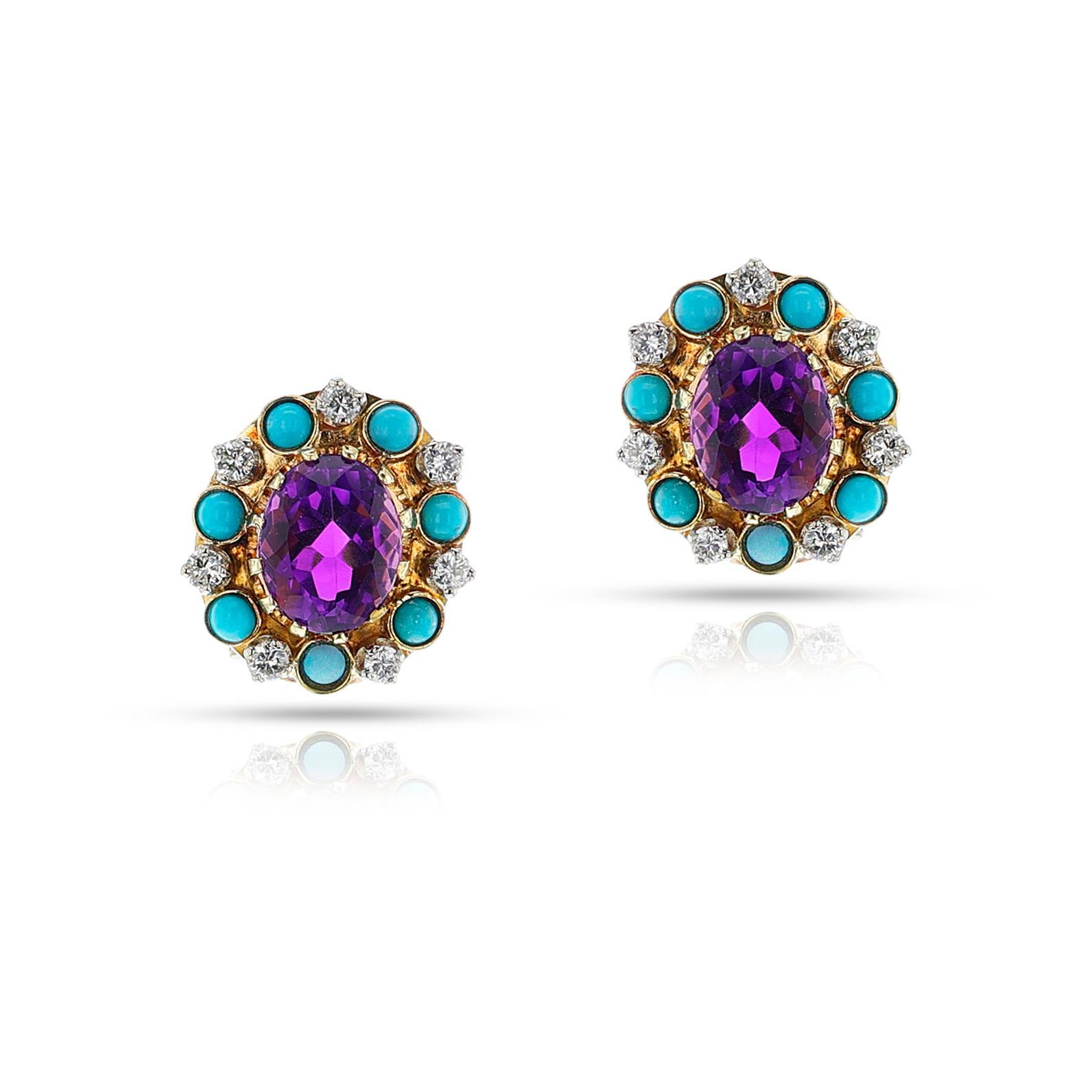 Set di anelli e orecchini con ametista, turchese e diamanti, oro 14k in vendita 6