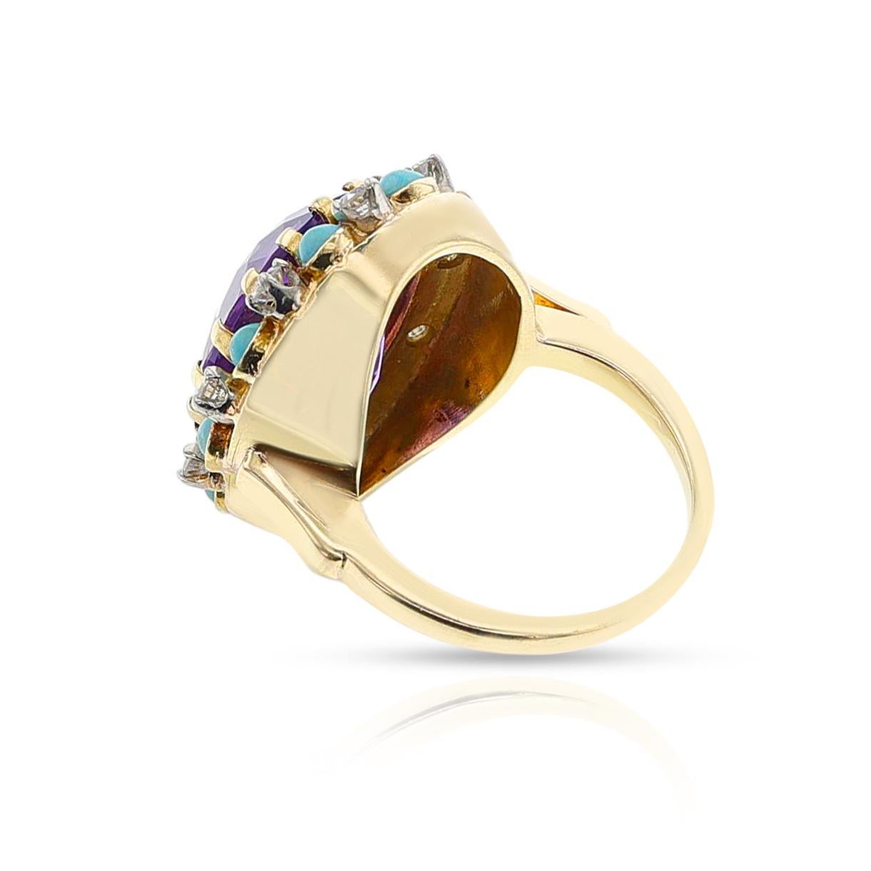 Set di anelli e orecchini con ametista, turchese e diamanti, oro 14k in vendita 9