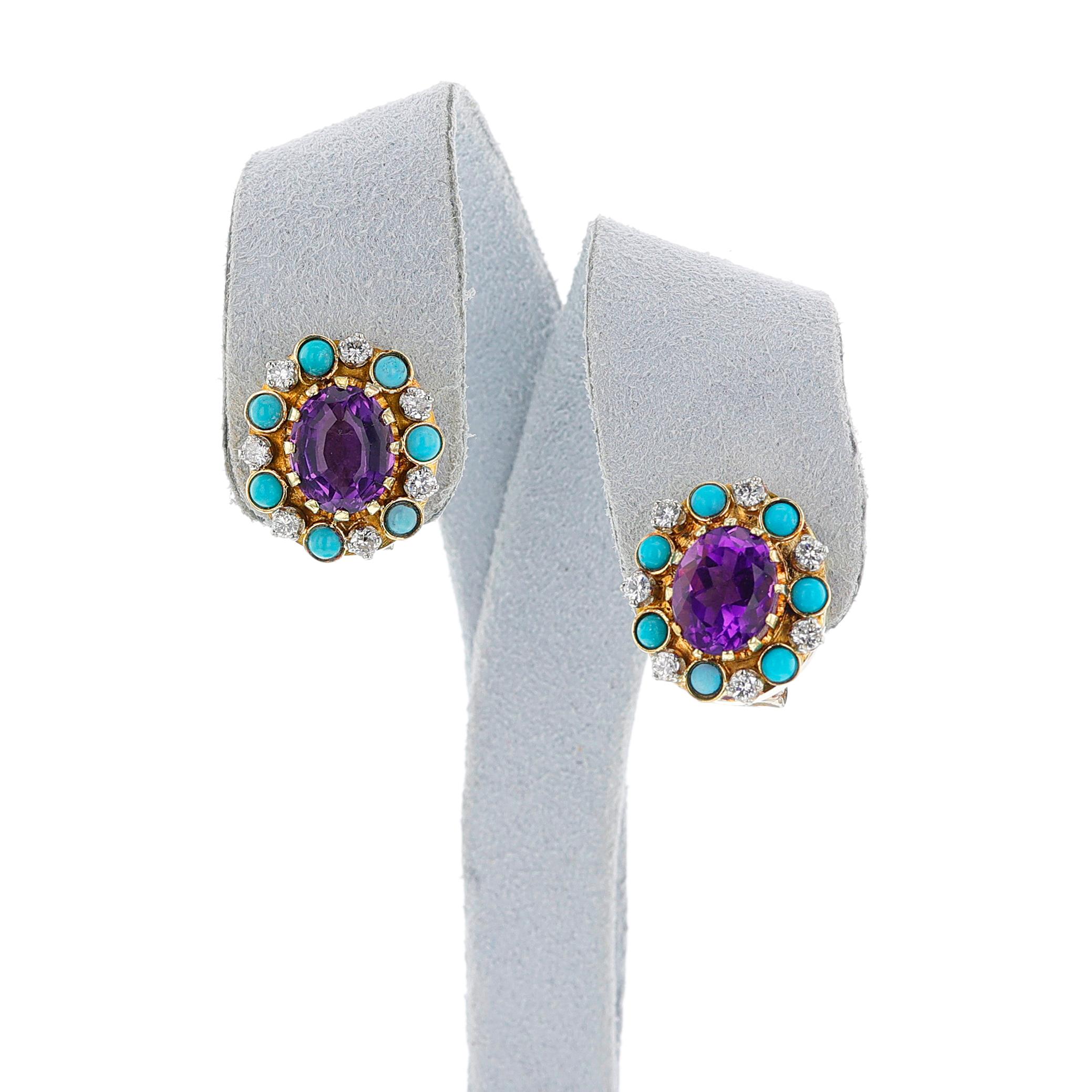 Set di anelli e orecchini con ametista, turchese e diamanti, oro 14k In condizioni ottime in vendita a New York, NY