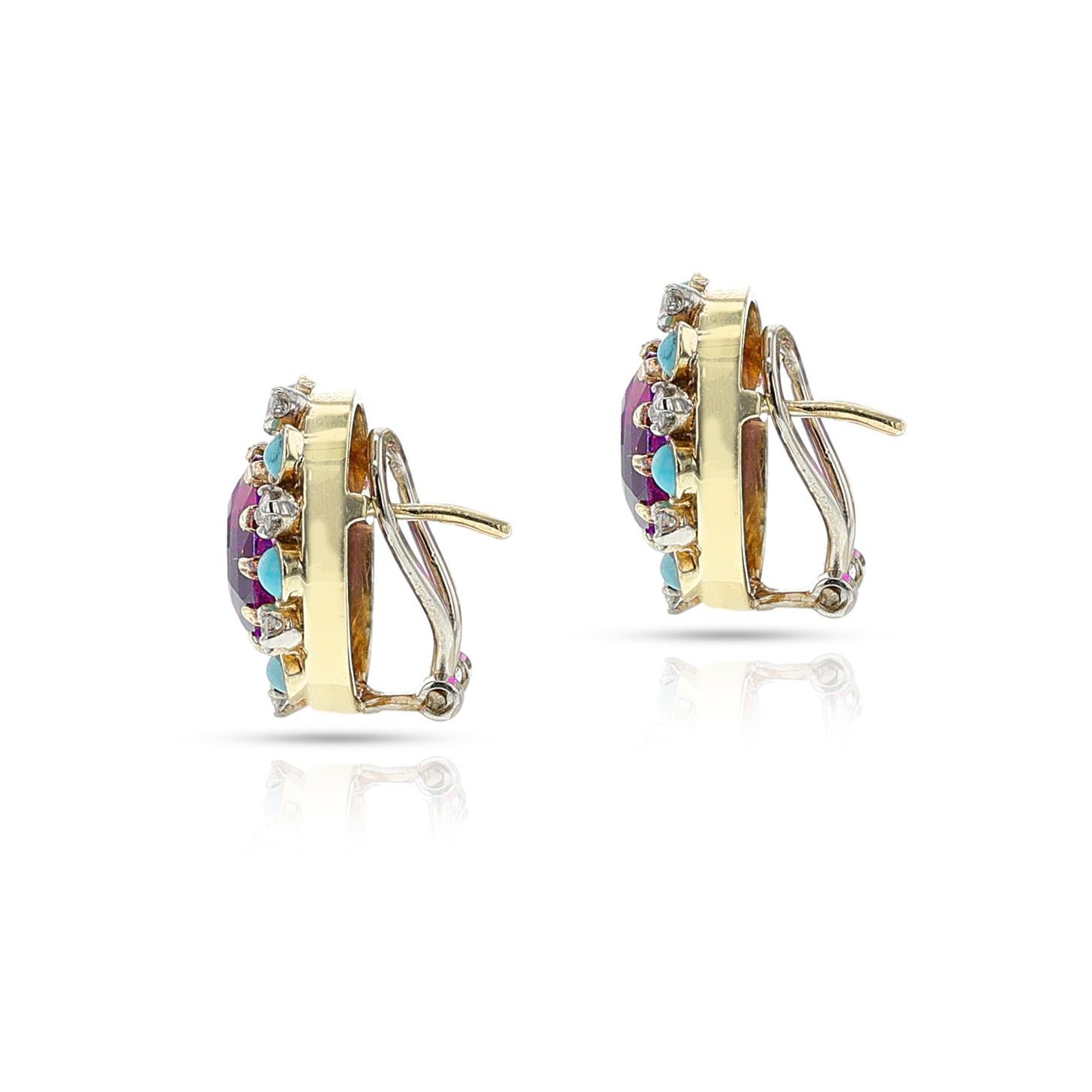Set di anelli e orecchini con ametista, turchese e diamanti, oro 14k in vendita 1