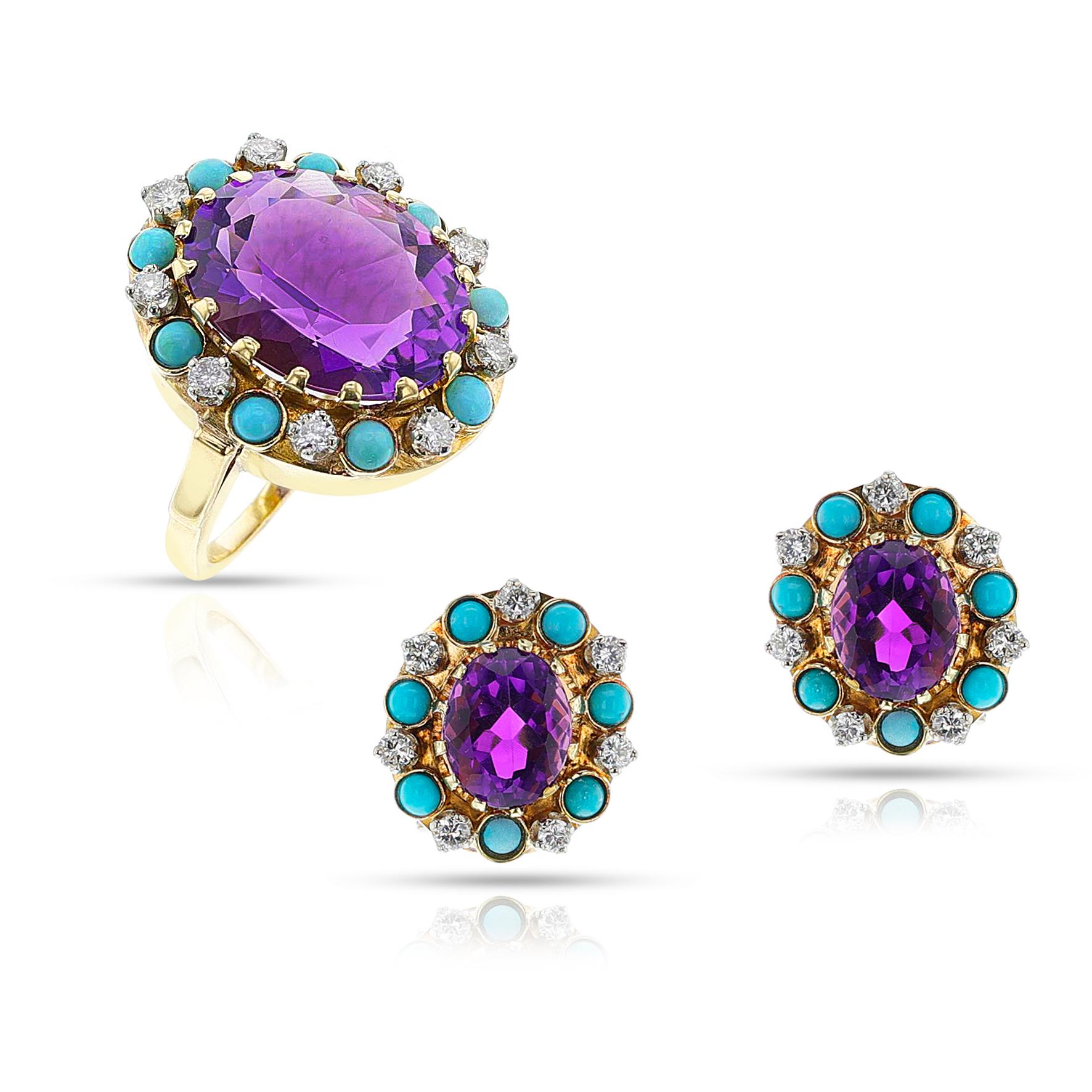 Set di anelli e orecchini con ametista, turchese e diamanti, oro 14k in vendita 3