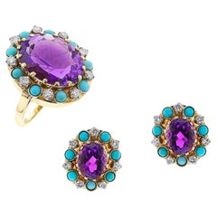 Bague et boucles d'oreilles en or 14k avec améthyste, turquoise et diamant
