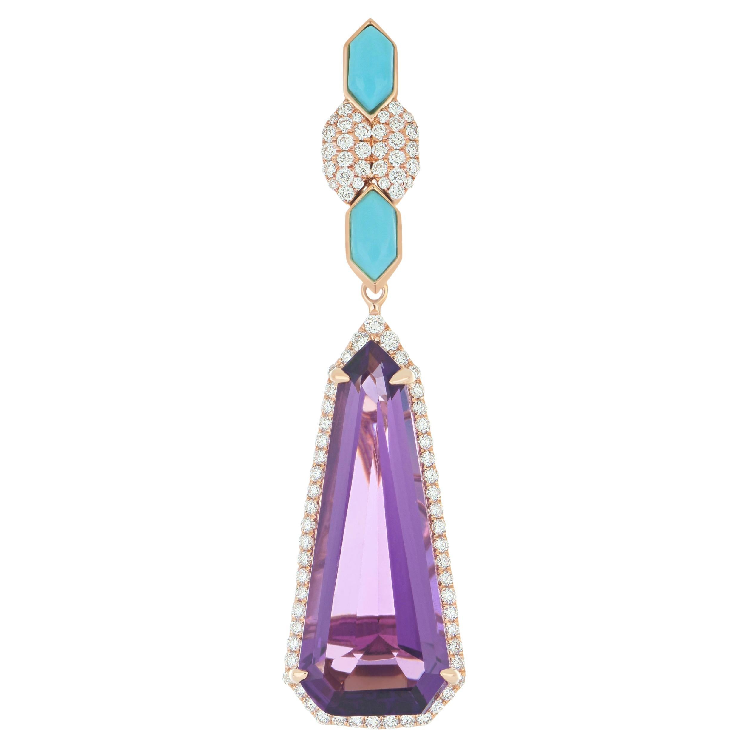 Amethyst, Turquoise and Diamond Studded Pendant in 14K Rose Gold