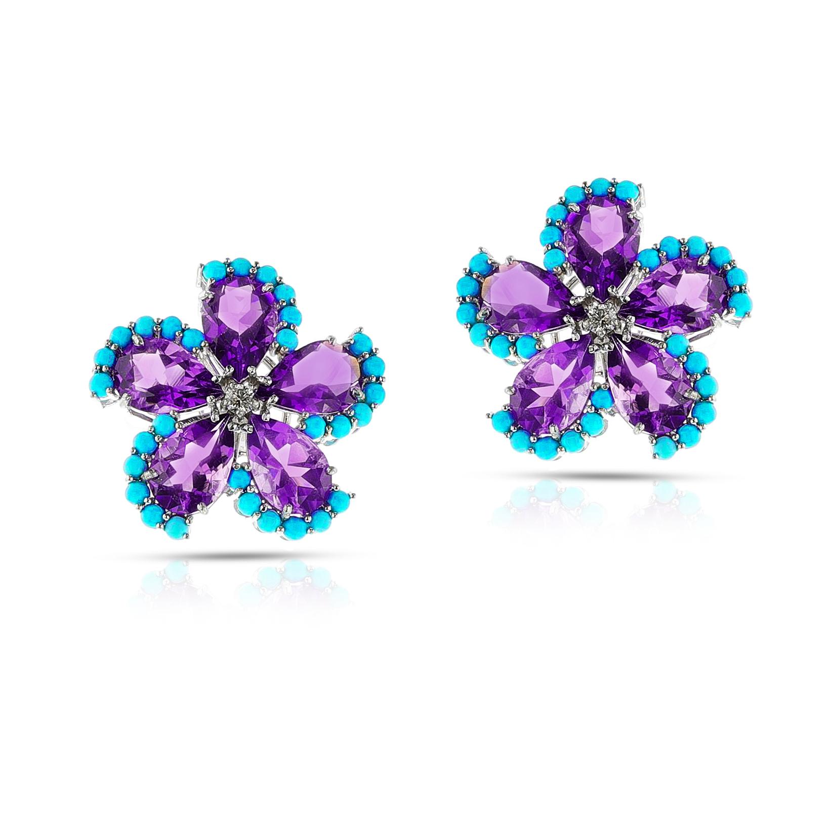 Pear Cut Amethyst, Turquoise Cabochon, and Diamond Floral Earrings, 18k For Sale