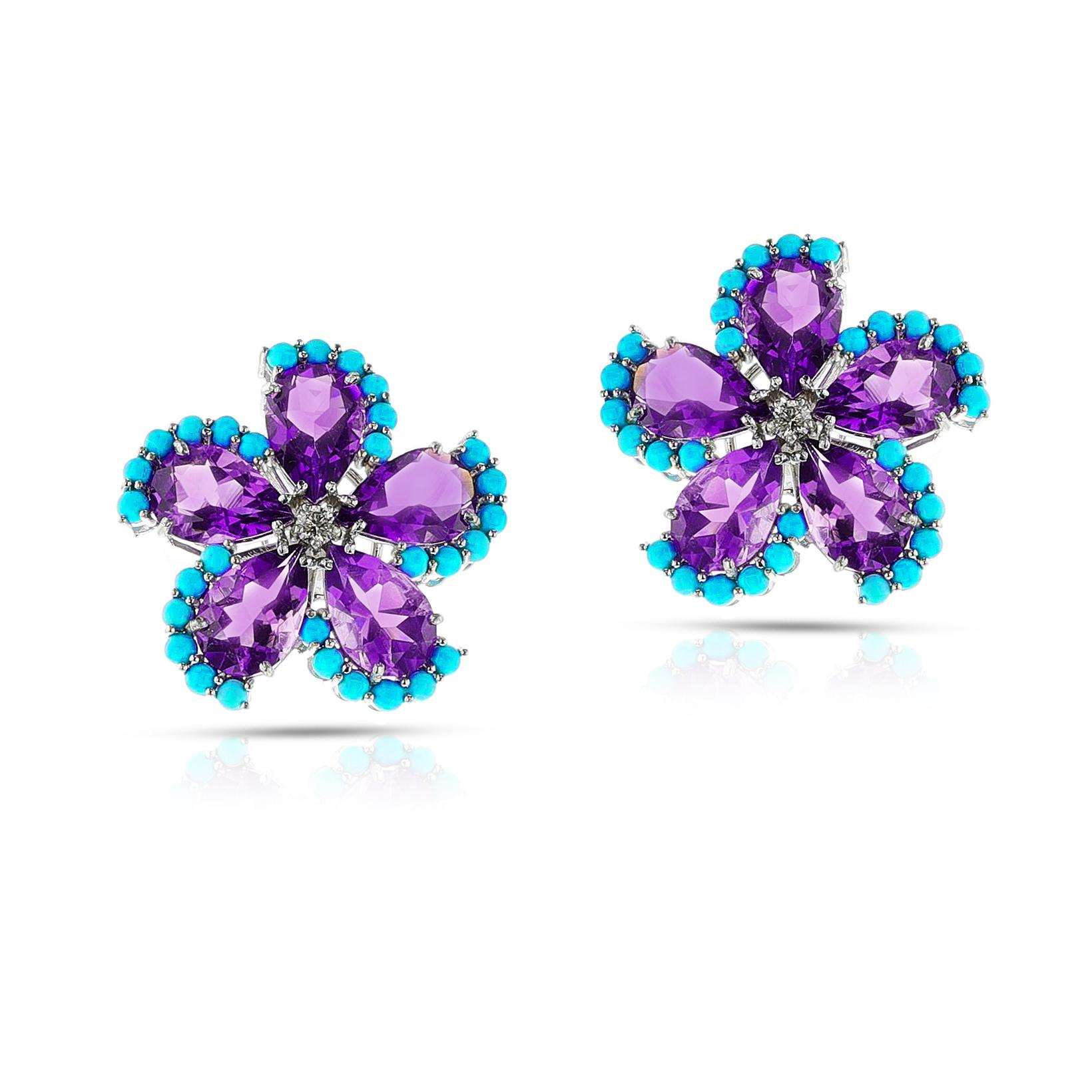 Amethyst, Türkis Cabochon und Diamant Blumen Ohrringe, 18k für Damen oder Herren im Angebot