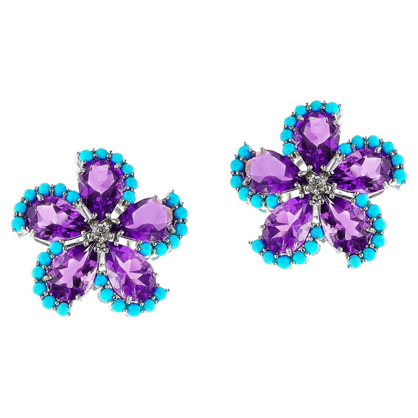 Amethyst, Turquoise Cabochon, and Diamond Floral Earrings, 18k For Sale