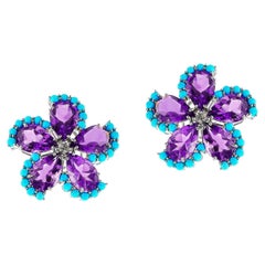 Amethyst, Turquoise Cabochon, and Diamond Floral Earrings, 18k