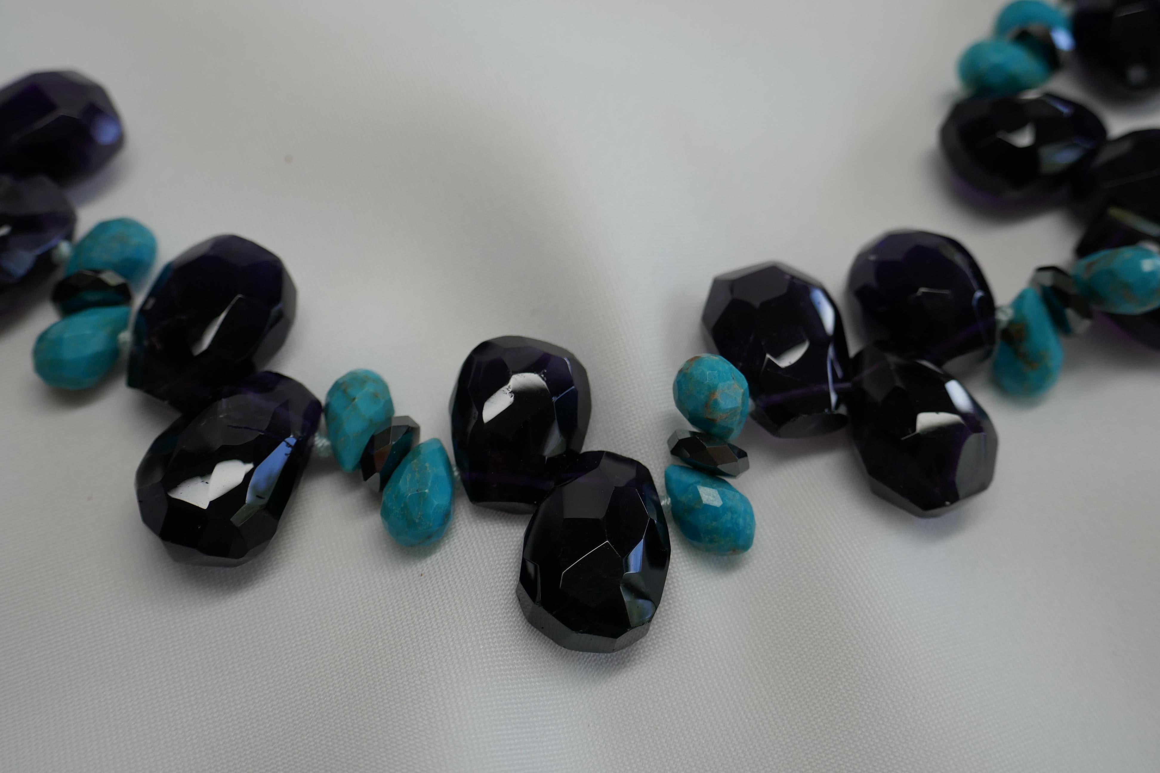 Women's Amethyst Turquoise Hematite Vermeil 925 Silver Gemstome Necklace For Sale