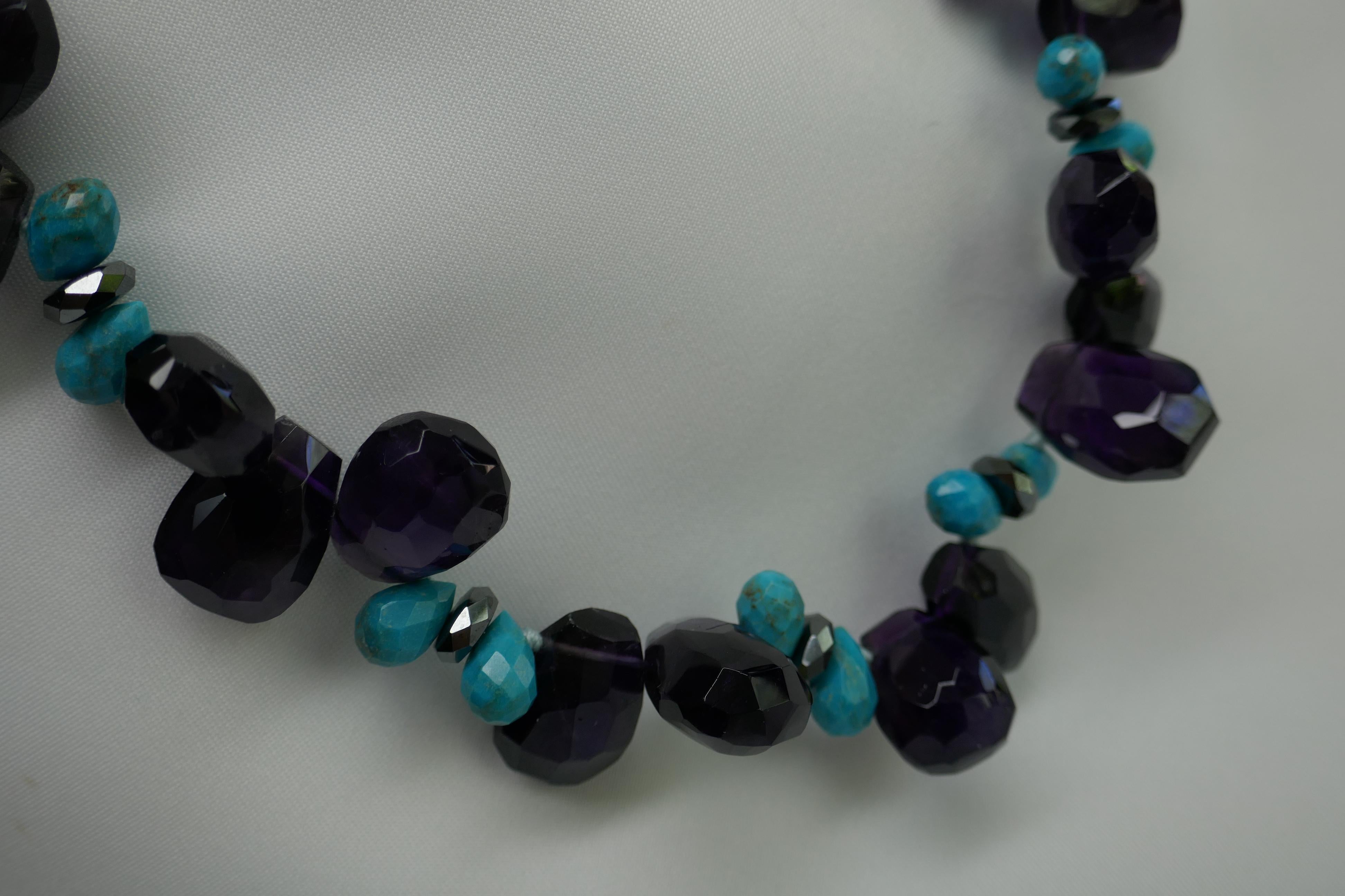 Amethyst Turquoise Hematite Vermeil 925 Silver Gemstome Necklace For Sale 2