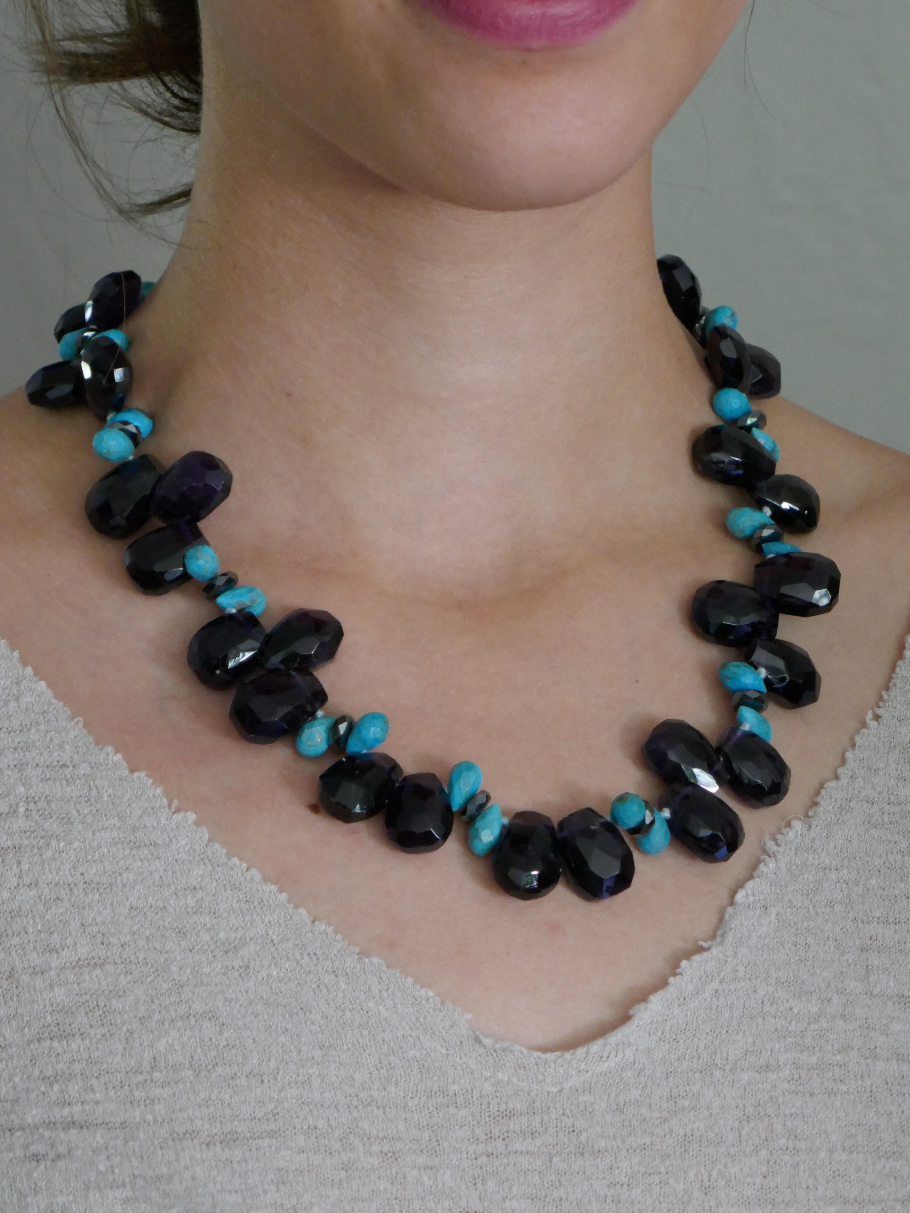 Amethyst Turquoise Hematite Vermeil 925 Silver Gemstome Necklace For Sale 3