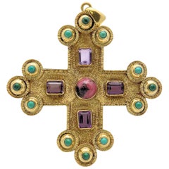 Amethyst, Turquoise, Malachite and Rhodochrosite Textured Gothic Cross Pendant