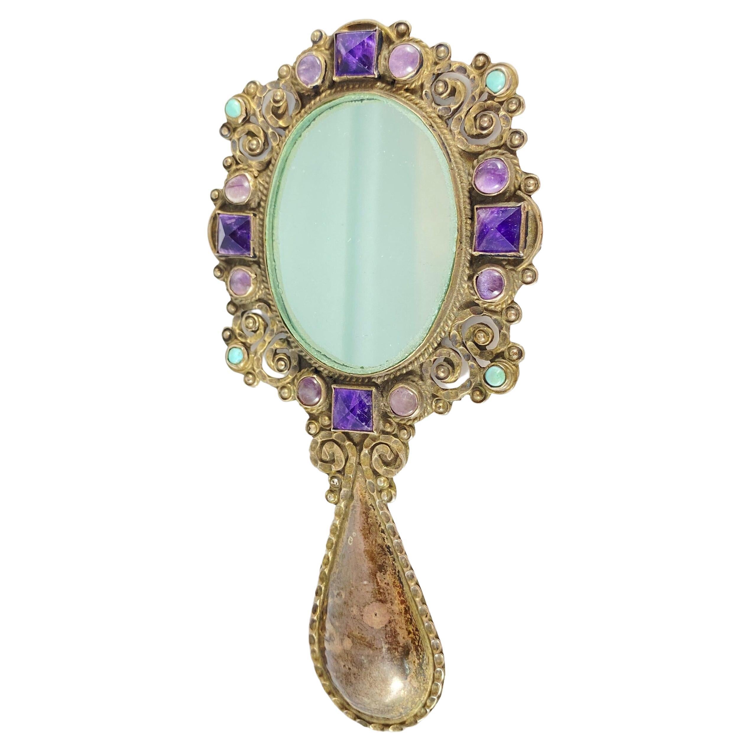 Amethyst Turquoise Matl Matilde Poulat Salas Mexico Silver Hand Mirror Circa 60s For Sale