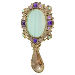 Retro Amethyst Turquoise Matl Matilde Poulat Salas Mexico Silver Hand Mirror Circa 60s