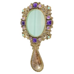 Amethyst Turquoise Matl Poulat Salas Mexico Silver Mini Hand Mirror Circa 1960s