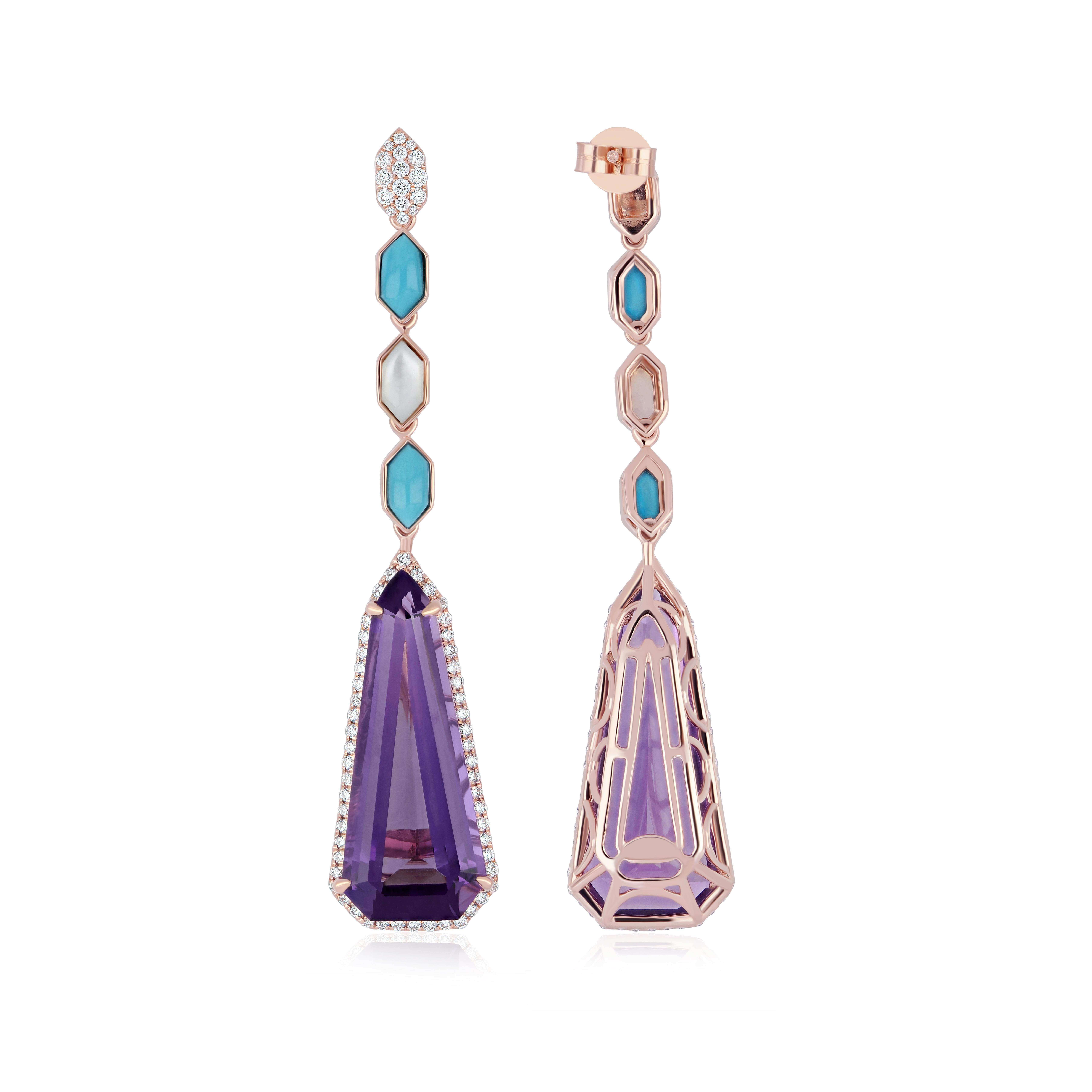 Set di orecchini e ciondoli in ametista, turchese, MOP e diamanti in oro rosa 14k in vendita 2