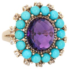 Amethyst Turquoise Ring Estate 10k Yellow Gold Large Oval Cocktail Jewelry