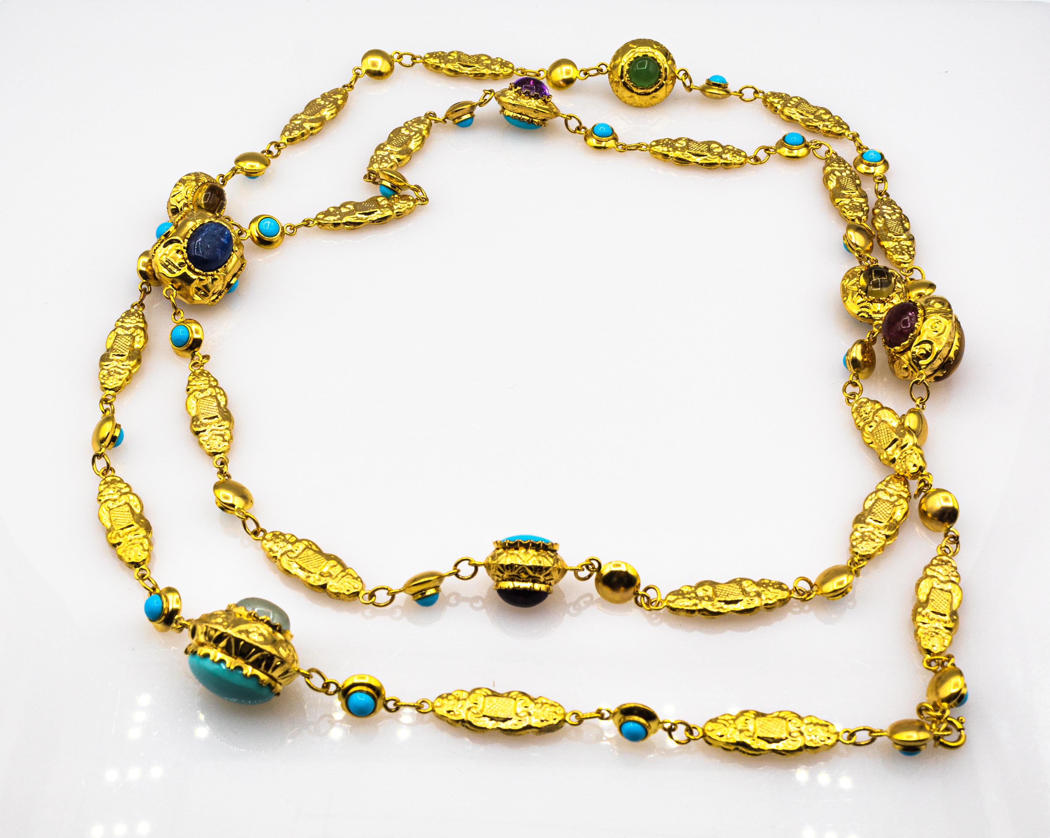 Collar Gota Oro Amarillo Amatista Turquesa Turmalina Calcedonia Crisoprasa Art Decó en venta