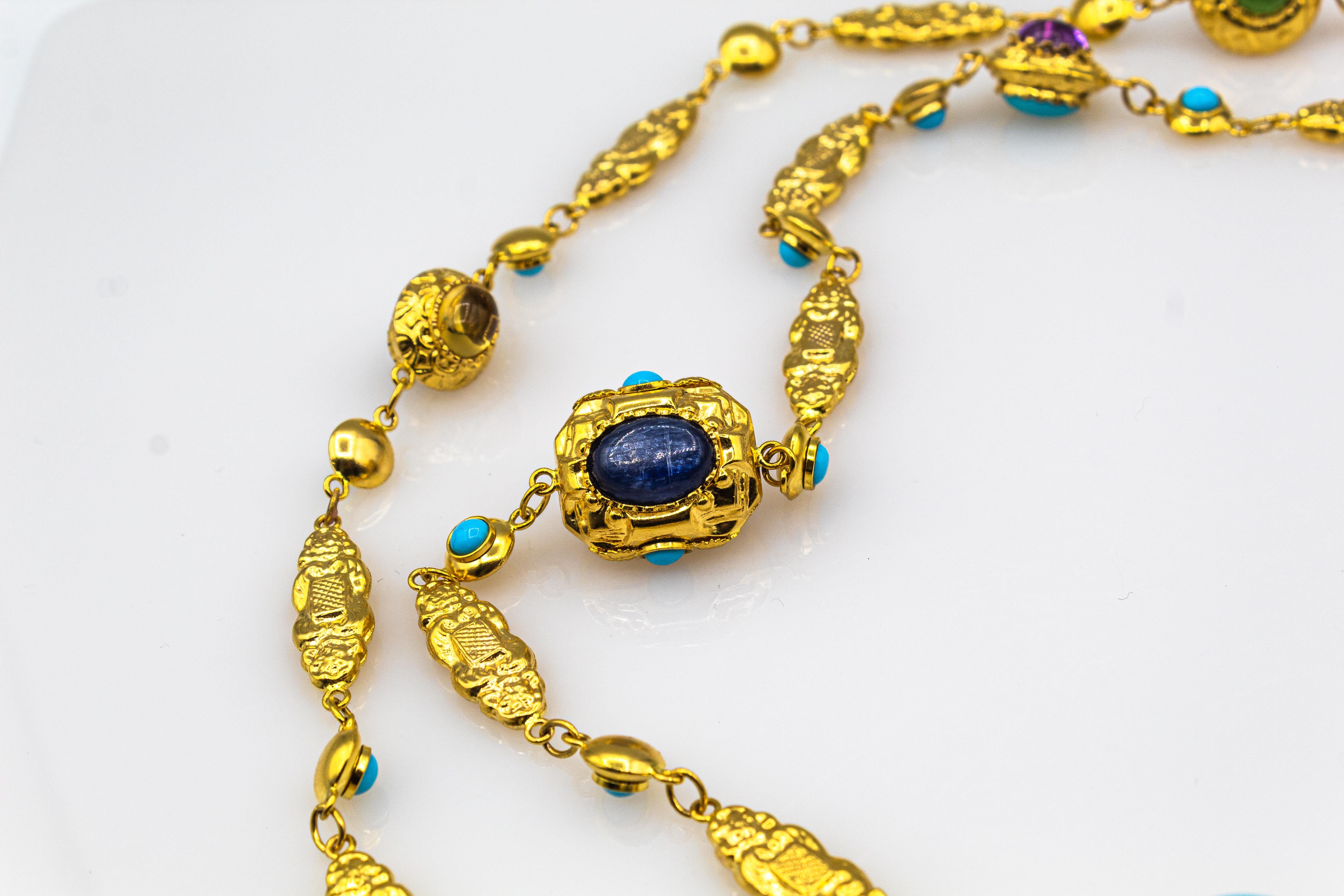 Gelbgold-Tropfen-Halskette mit Amethyst, Türkis, Turmalin, Chalcedon und Chrysopras (Cabochon) im Angebot