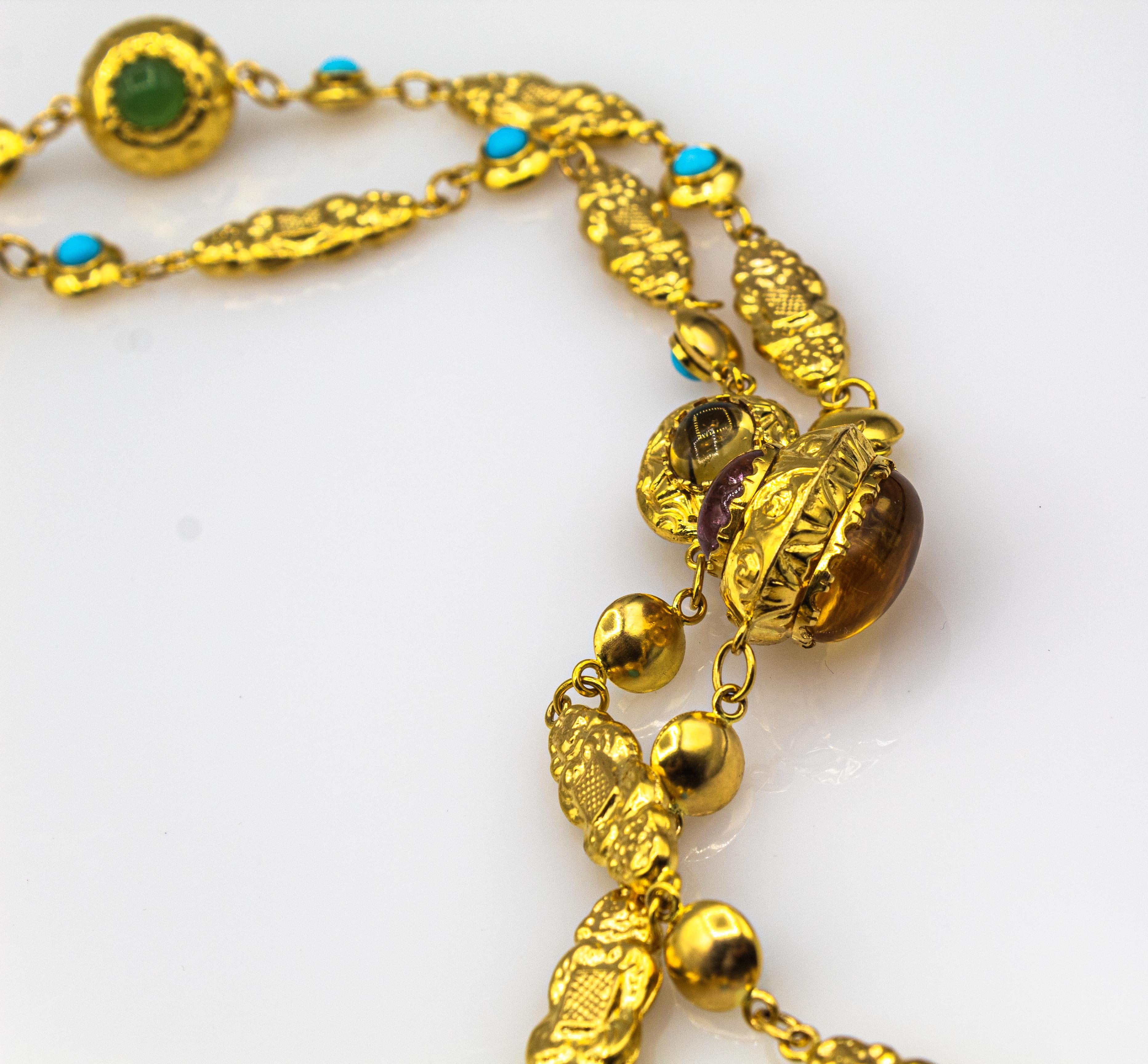 Amethyst Turquoise Tourmaline Chalcedony Chrysoprase Yellow Gold Drop Necklace In New Condition For Sale In Naples, IT