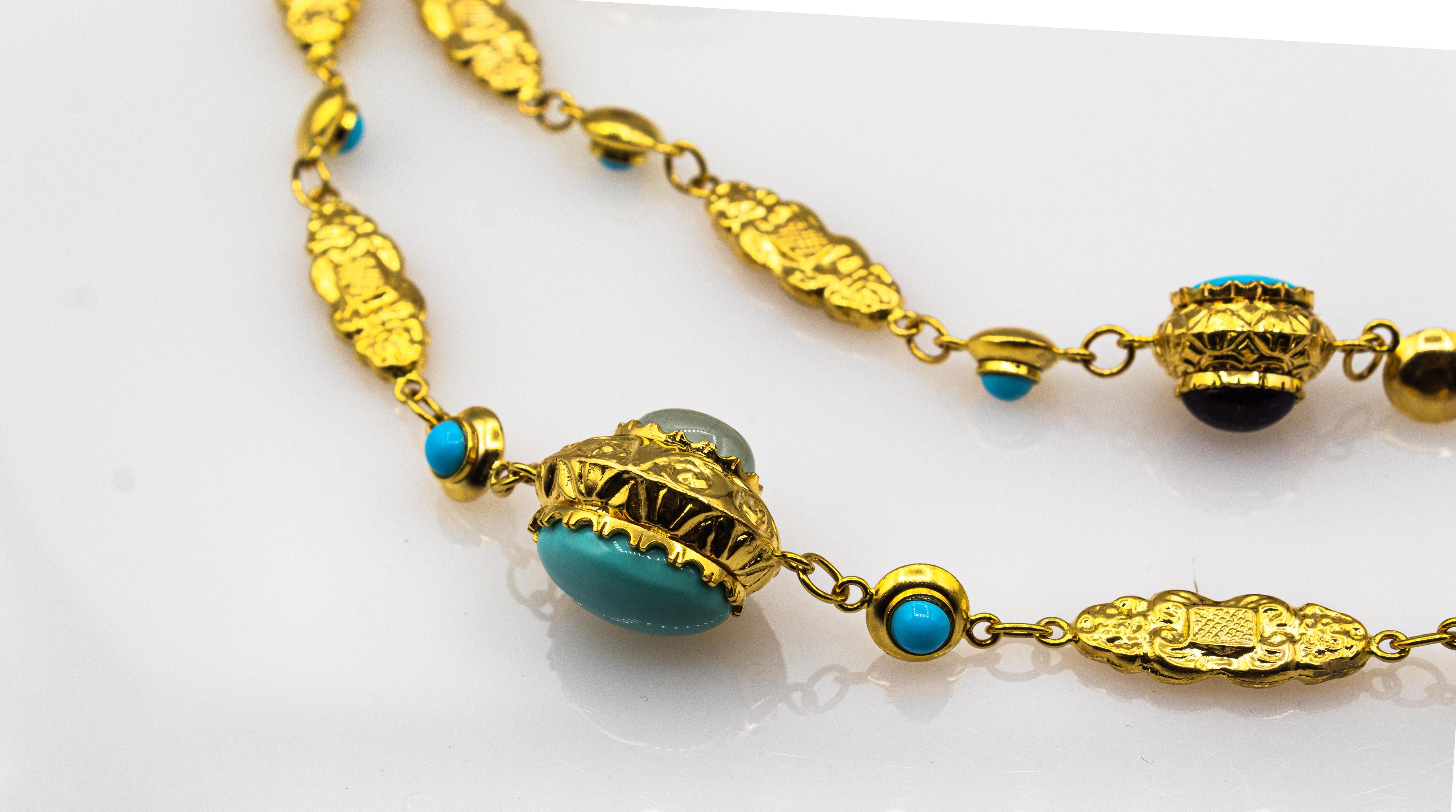 Gelbgold-Tropfen-Halskette mit Amethyst, Türkis, Turmalin, Chalcedon und Chrysopras für Damen oder Herren im Angebot