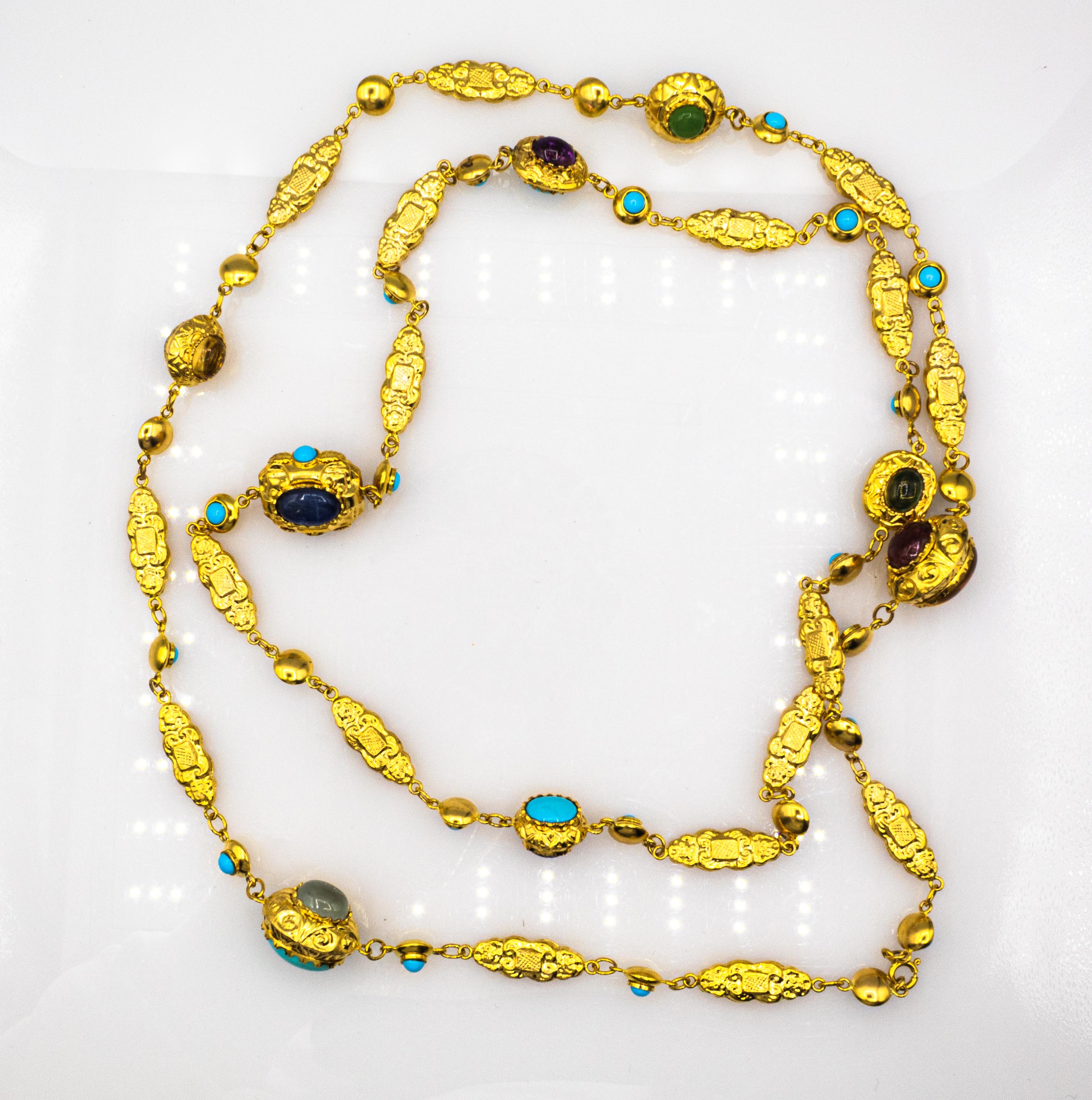 Gelbgold-Tropfen-Halskette mit Amethyst, Türkis, Turmalin, Chalcedon und Chrysopras im Angebot 1