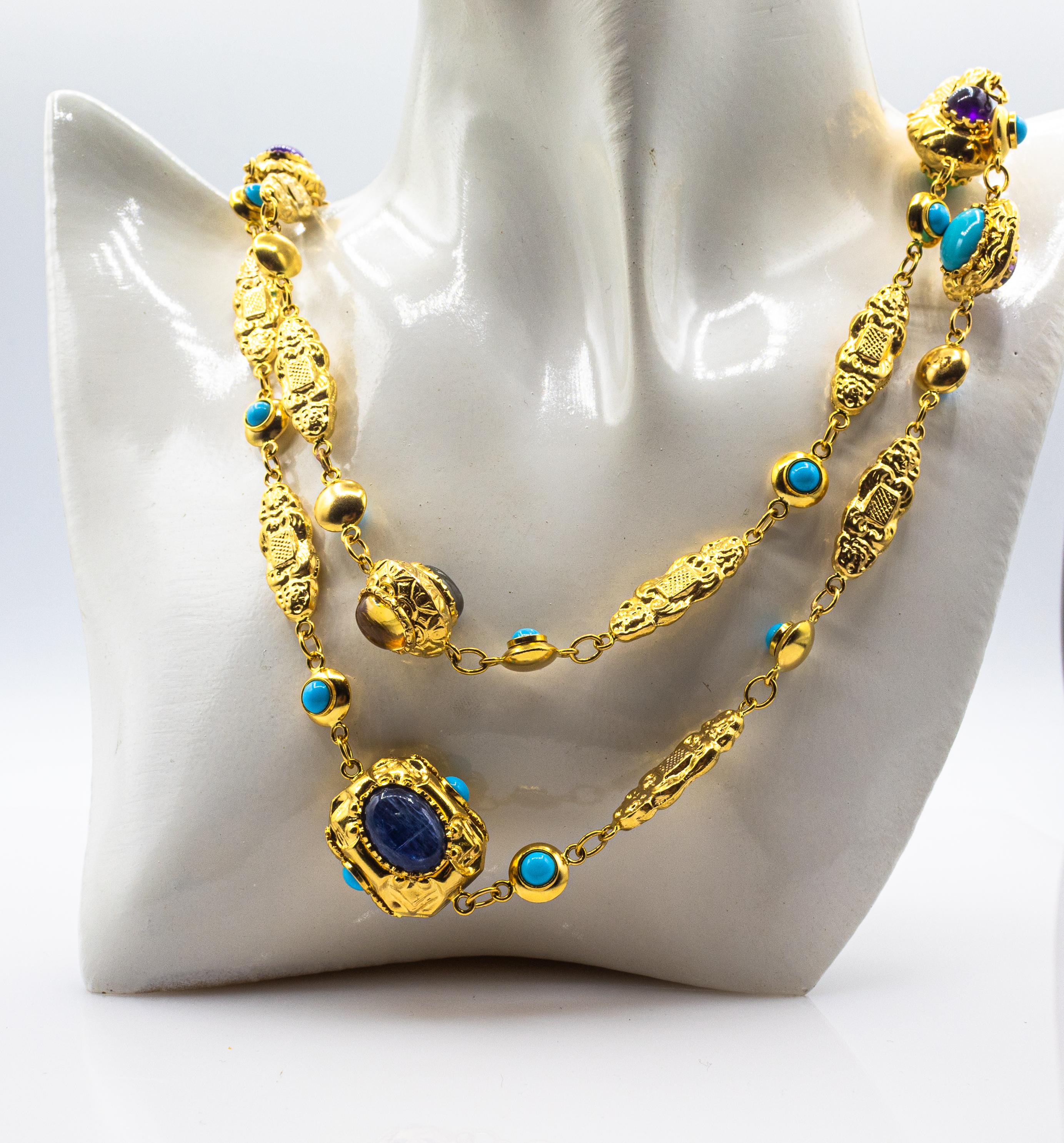 Gelbgold-Tropfen-Halskette mit Amethyst, Türkis, Turmalin, Chalcedon und Chrysopras im Angebot 2