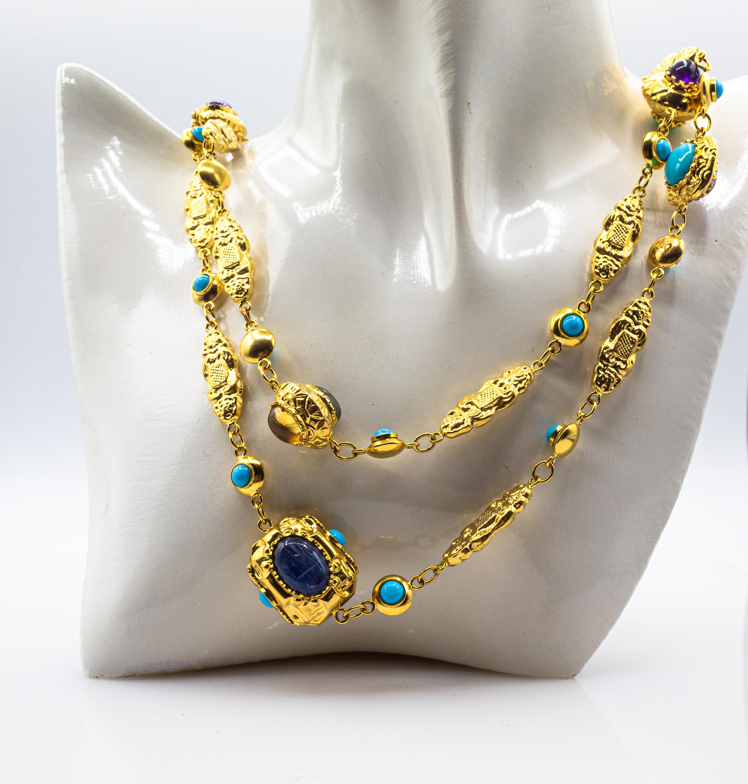 Gelbgold-Tropfen-Halskette mit Amethyst, Türkis, Turmalin, Chalcedon und Chrysopras im Angebot 3