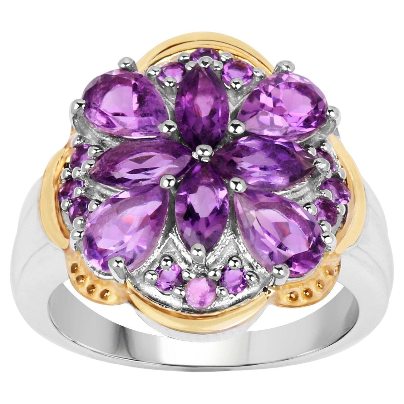 Amethyst Two Tone Cocktail Ring 14k Gold Plated Silver For Sale