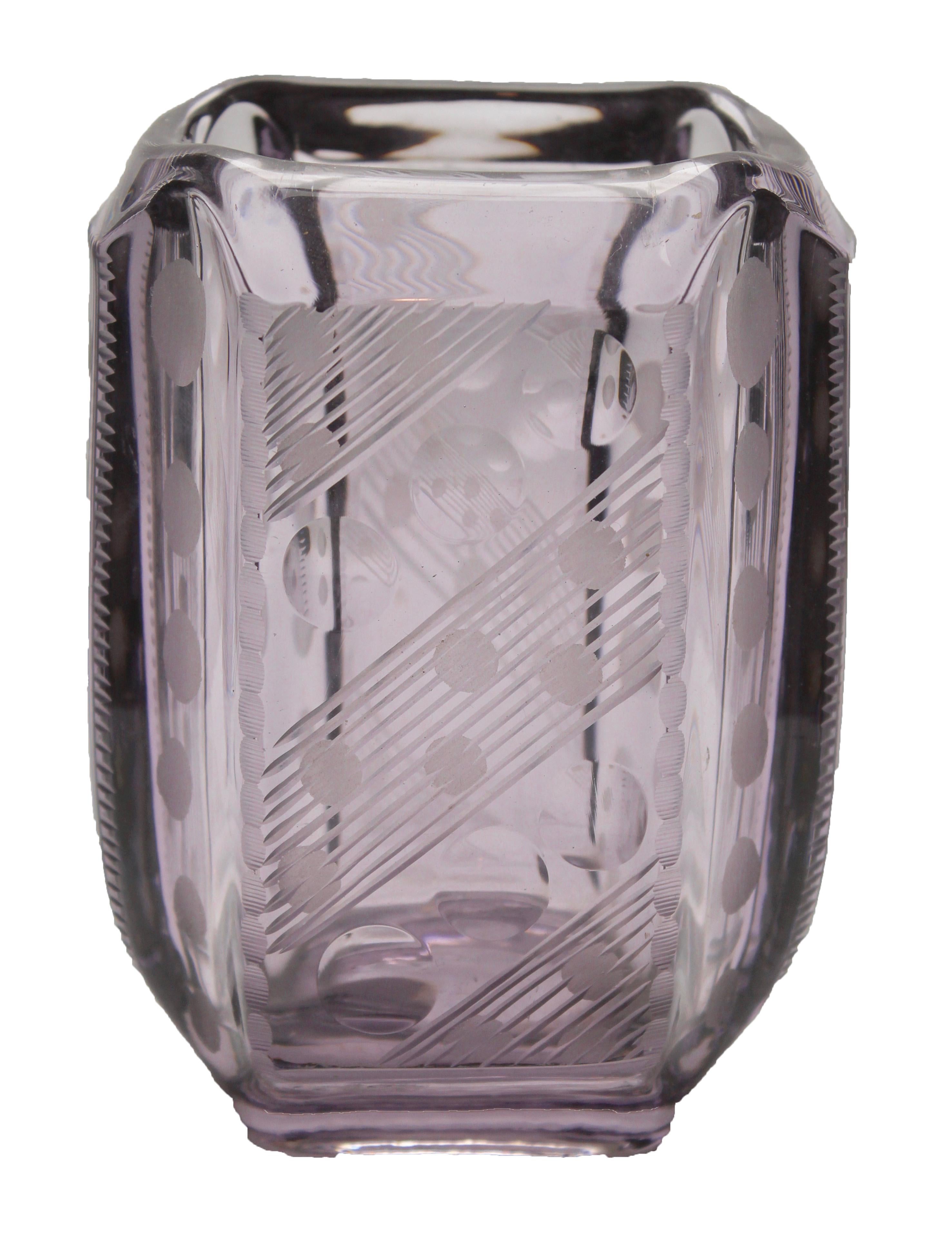 Mid-Century Modern Amethyst Vase with Art Deco Engraved Geometric Design For Sale