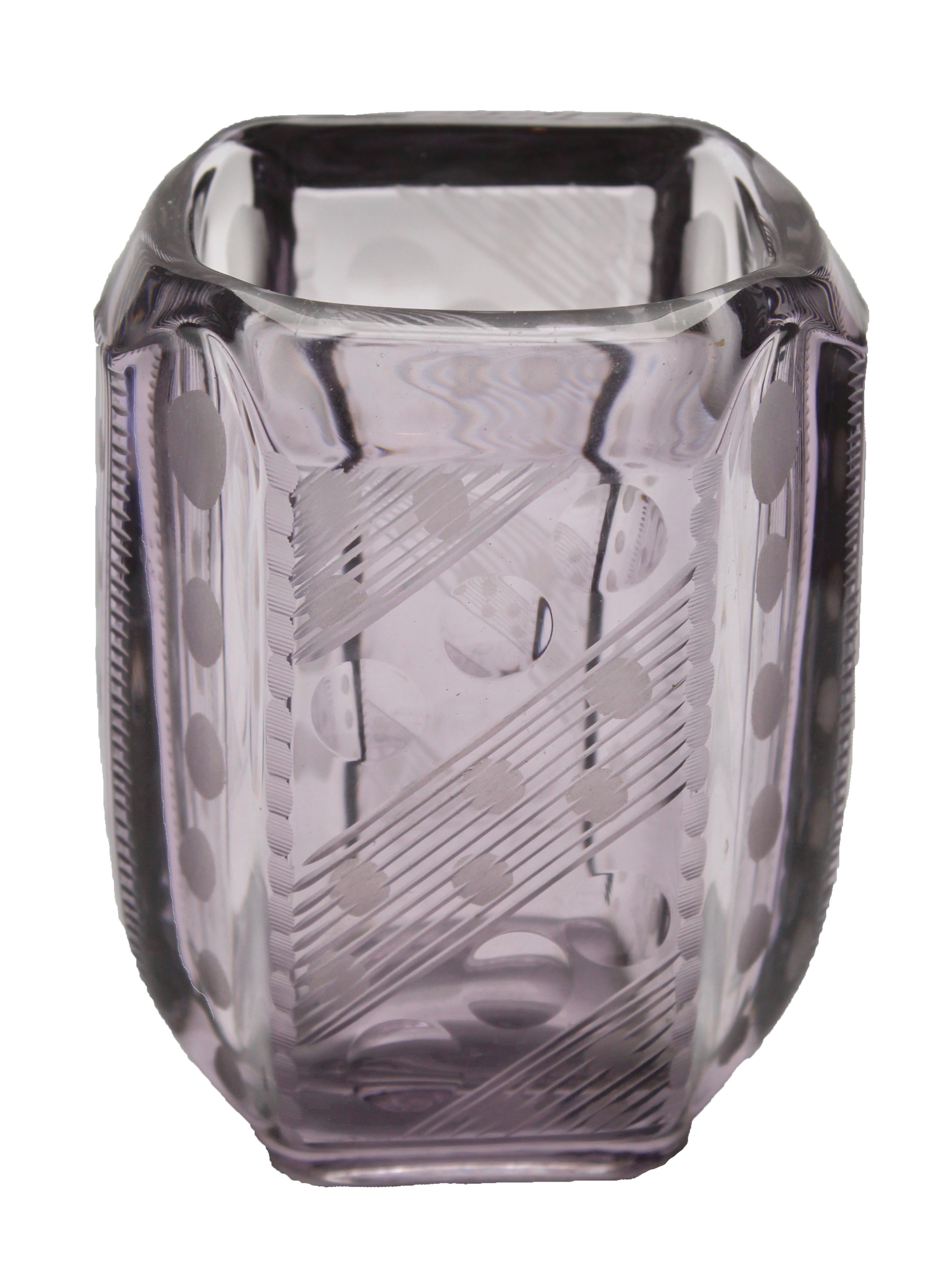 Czech Amethyst Vase with Art Deco Engraved Geometric Design For Sale