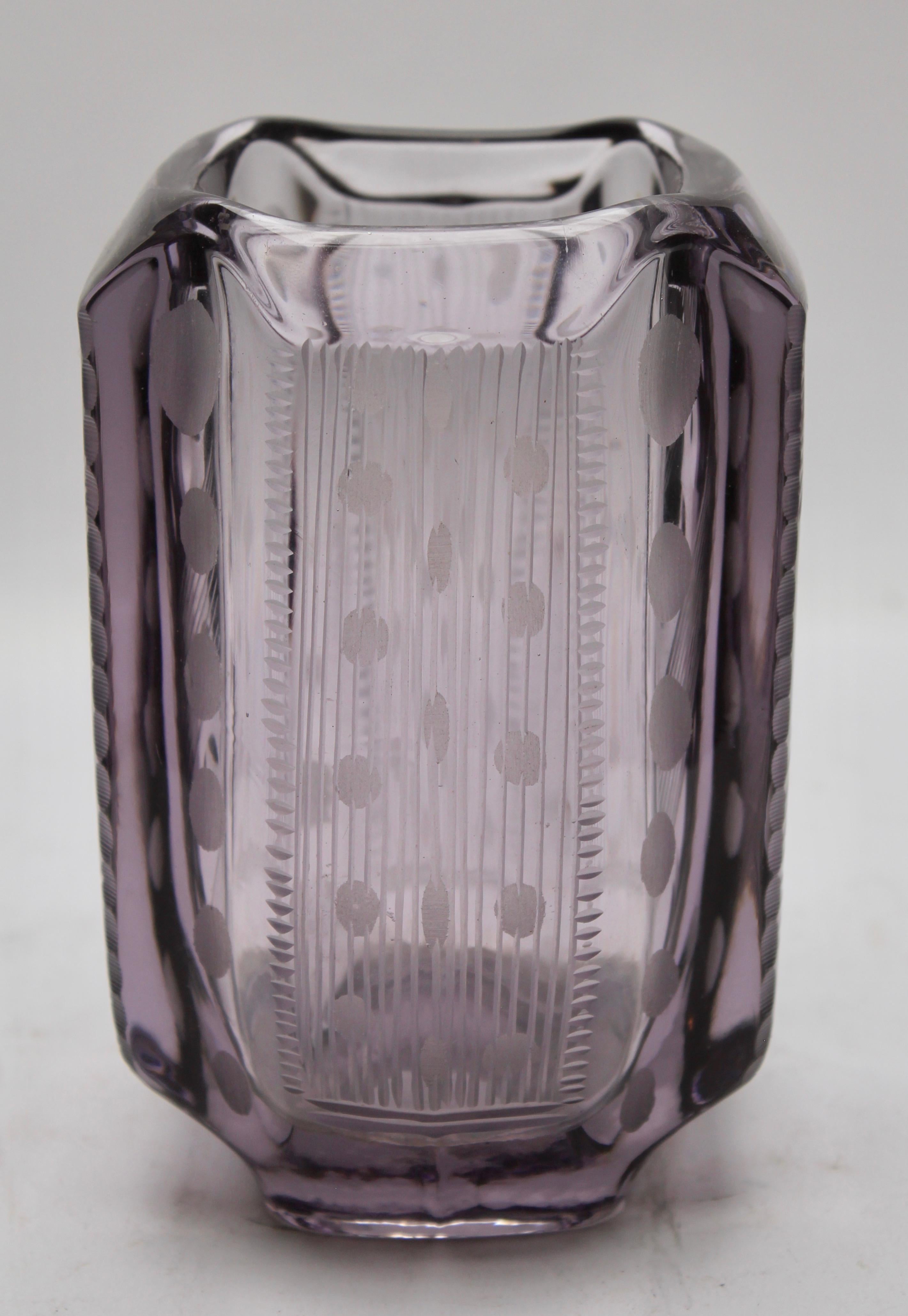 Glass Amethyst Vase with Art Deco Engraved Geometric Design For Sale