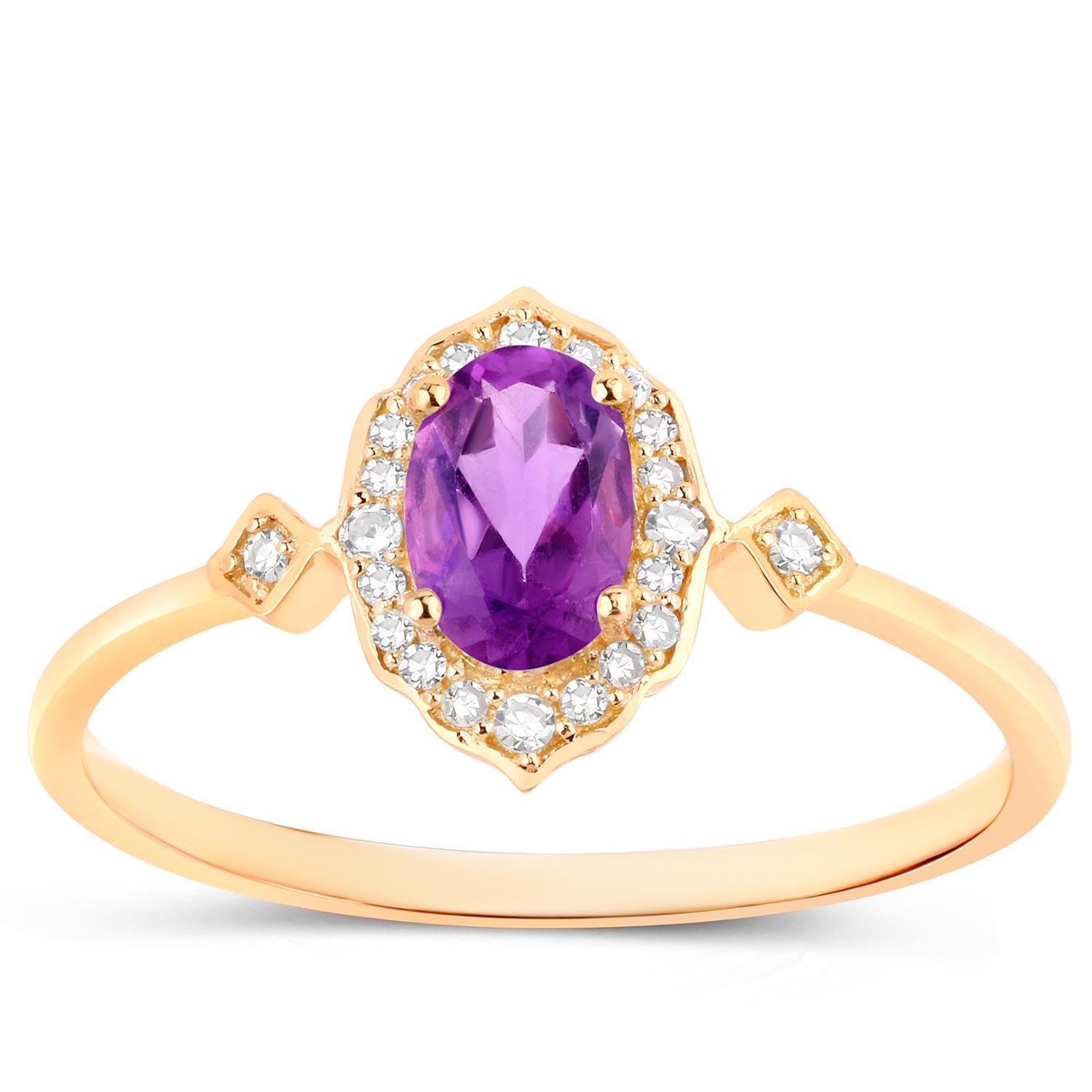 Bague Vintage Halo Améthyste Diamants Blancs Or Jaune 10K Unisexe en vente