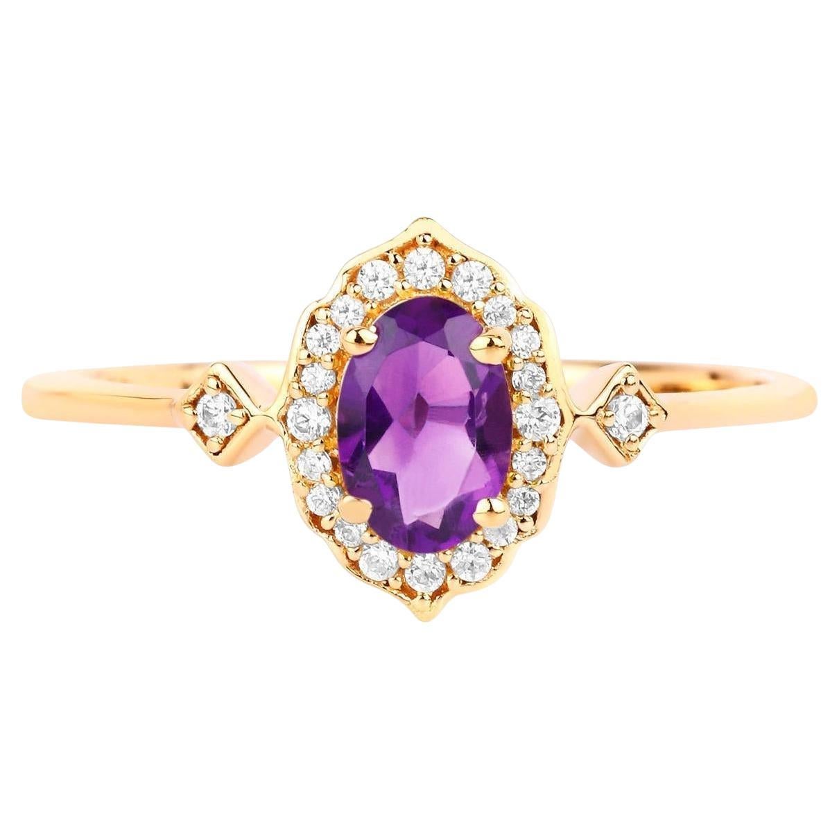 Anillo Halo Vintage Amatista Diamantes Blancos Oro Amarillo 10K en venta