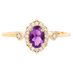 Anillo Halo Vintage Amatista Diamantes Blancos Oro Amarillo 10K