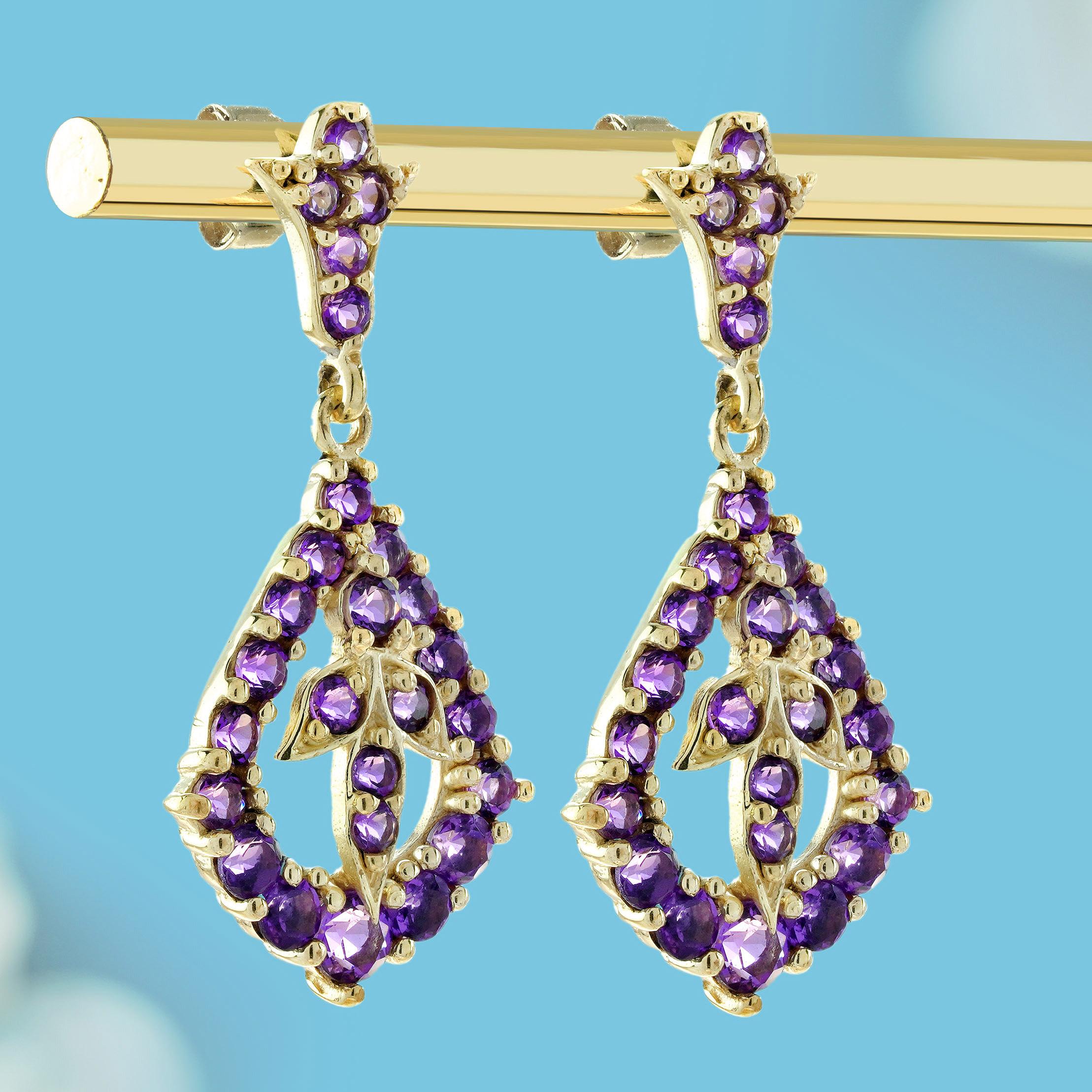 Pendientes de gota estilo vintage de amatista en oro macizo de 9 quilates Eduardiano en venta