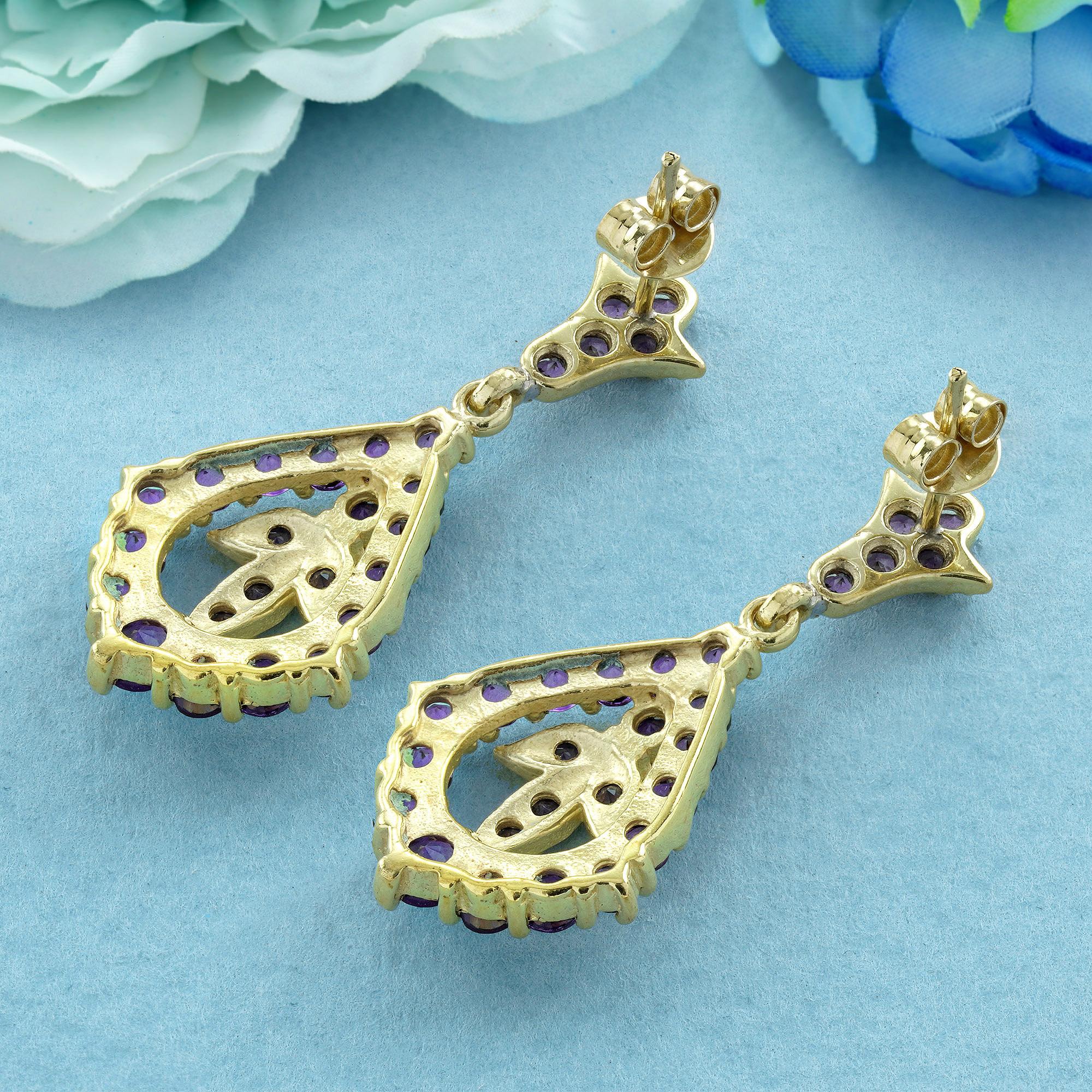 Pendientes de gota estilo vintage de amatista en oro macizo de 9 quilates Corte redondo en venta