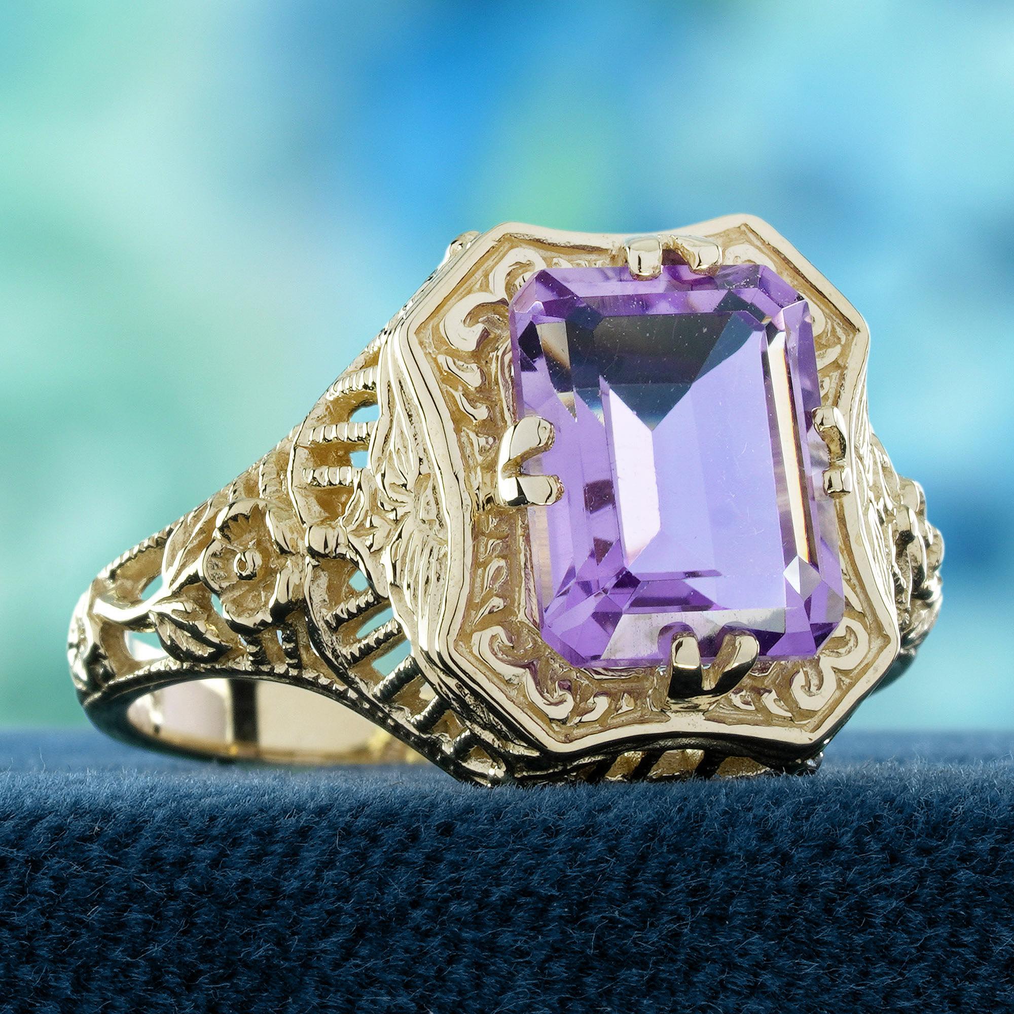 Amethyst Vintage Style Ring in massivem 9K Gelbgold (Edwardian) im Angebot