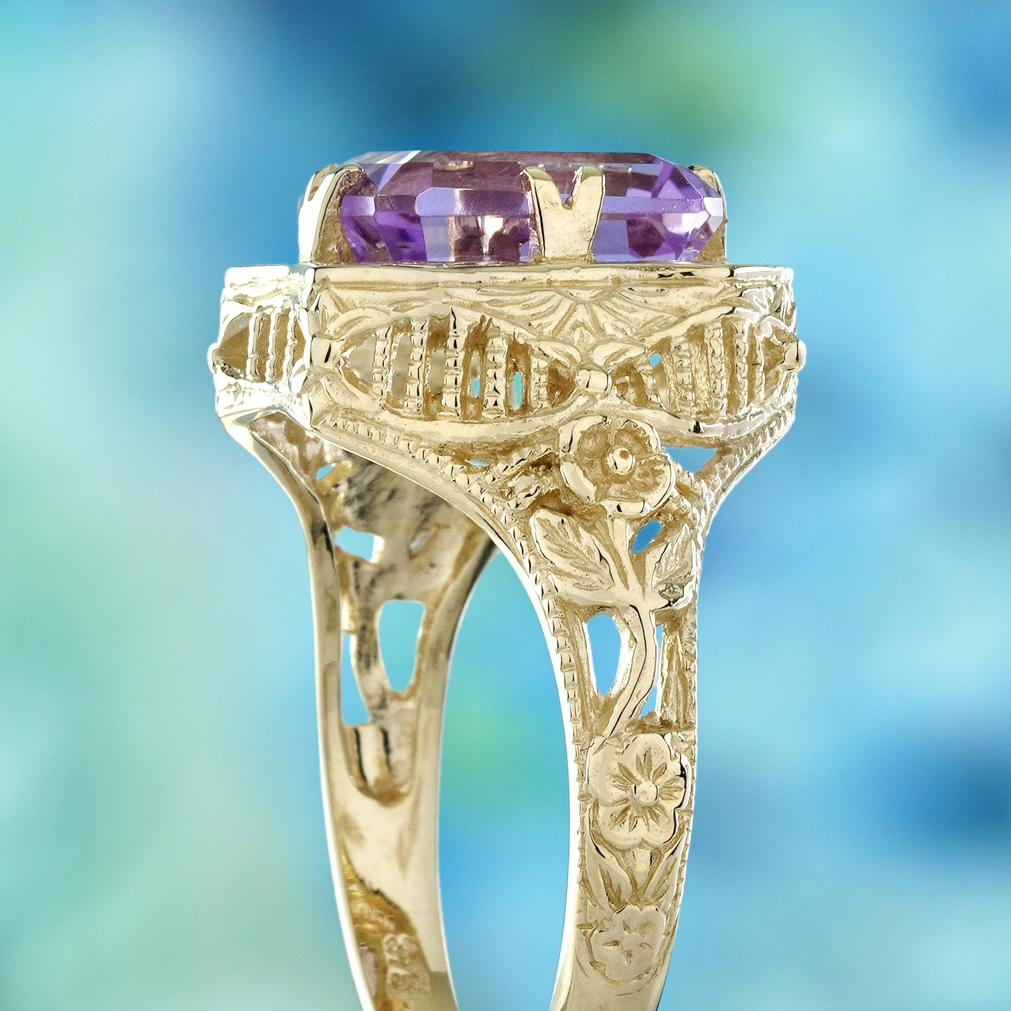 Bague de style vintage en améthyste en or jaune 9K massif Pour femmes en vente